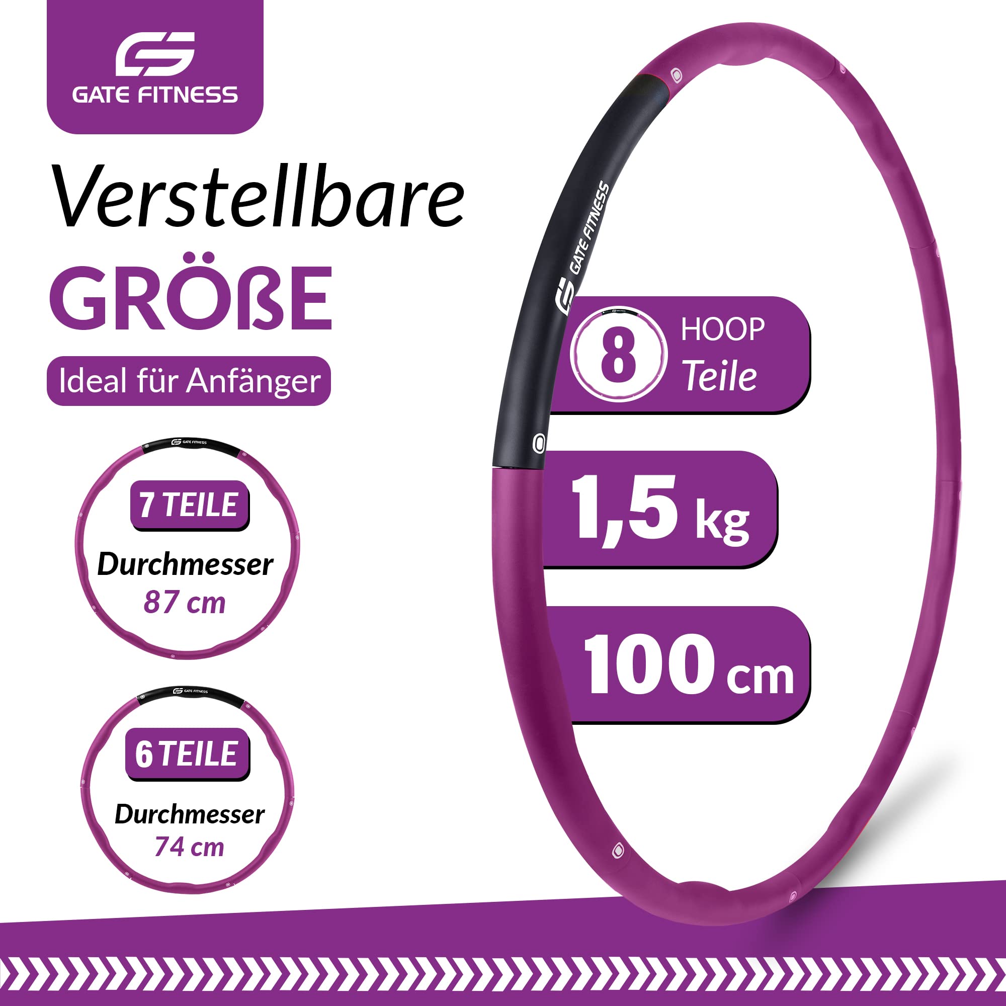 GATE FITNESS Hula Hoop - Pneumatico dimagrante per adulti e bambini [1,2 kg/1,5 kg/2 kg] | 6 fino a 8 segmenti Hoola con design ondulato, per principianti e avanzati, pneumatici fitness con schiuma