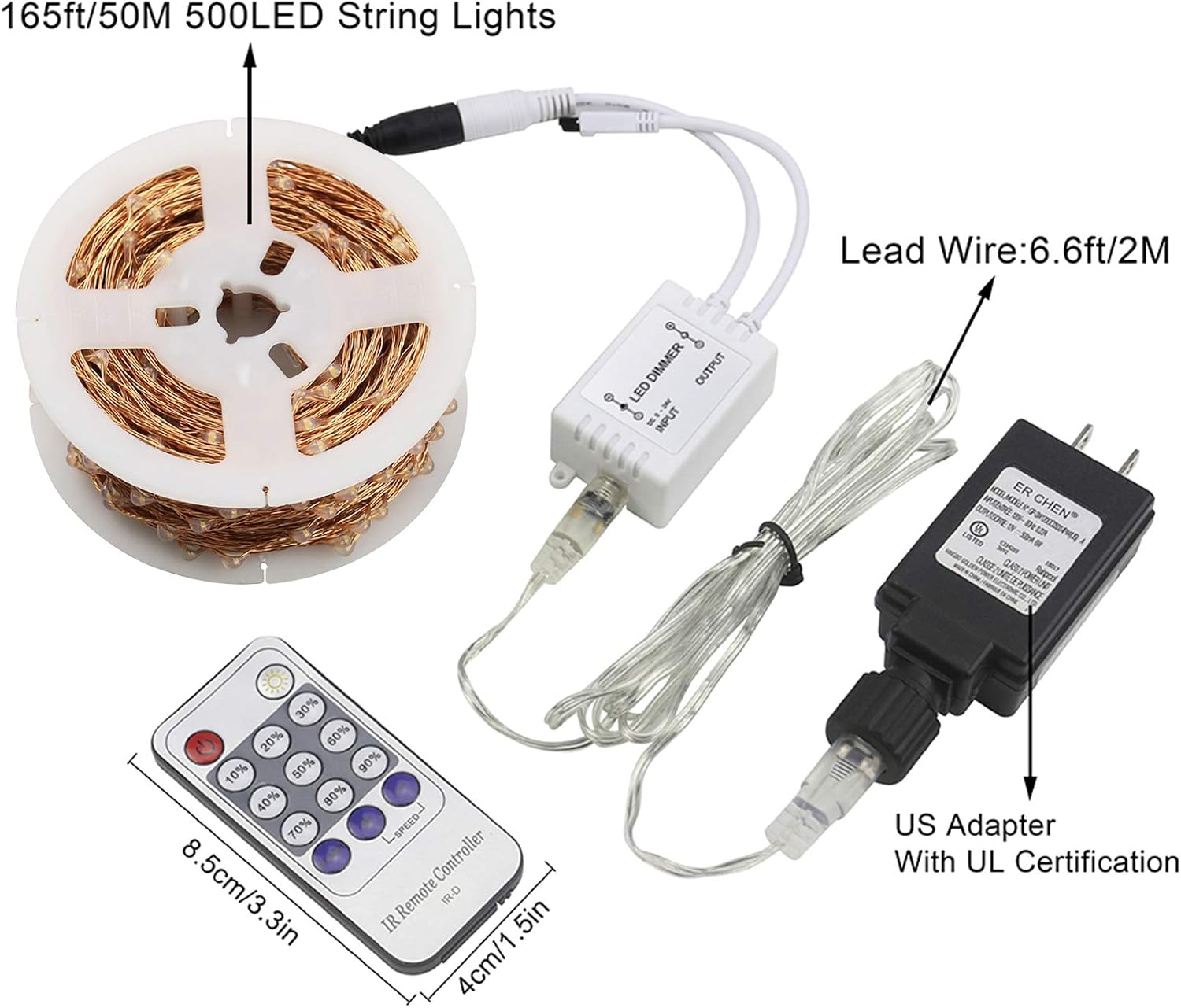ER CHEN 165ft Led String Lights,500 Led Starry Lights on 50m Copper Wire String Lights + 12V DC Power Adapter(Warm White)