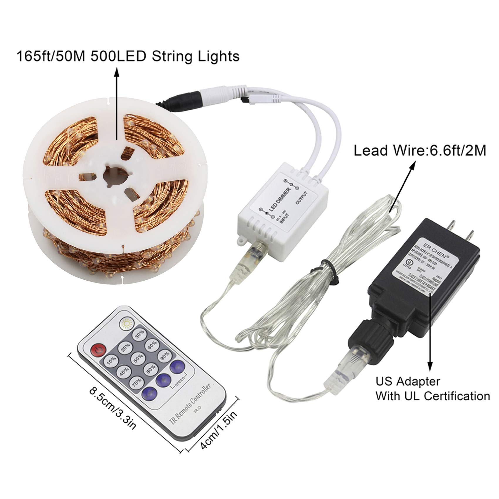 ER CHEN 165ft Led String Lights,500 Led Starry Lights on 50m Copper Wire String Lights + 12V DC Power Adapter(Warm White)