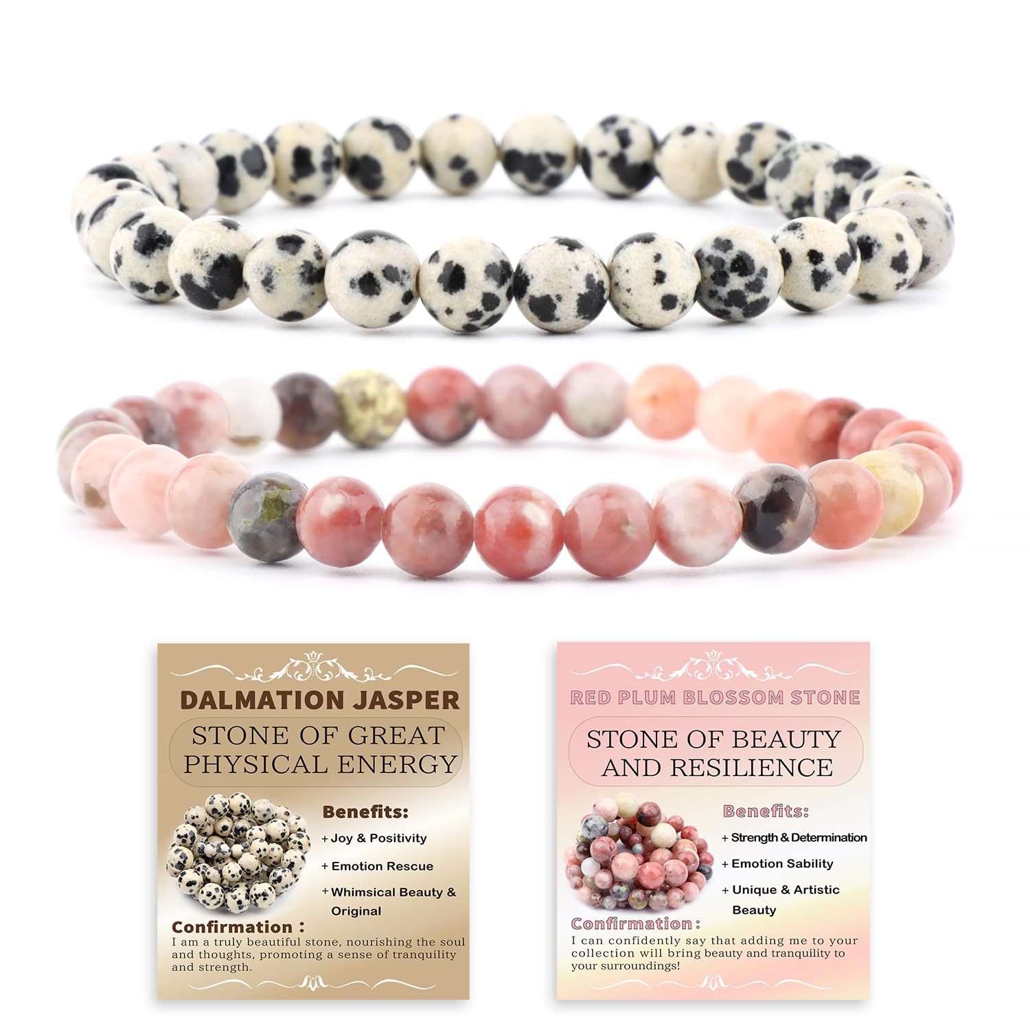 NCB Natural Gemstone Stretch Bracelets (Dalmatian Jasper + Red Plum Blossom Stone), 6mm Beads, Pack of 2 | Handmade Reiki Healing Jewelry