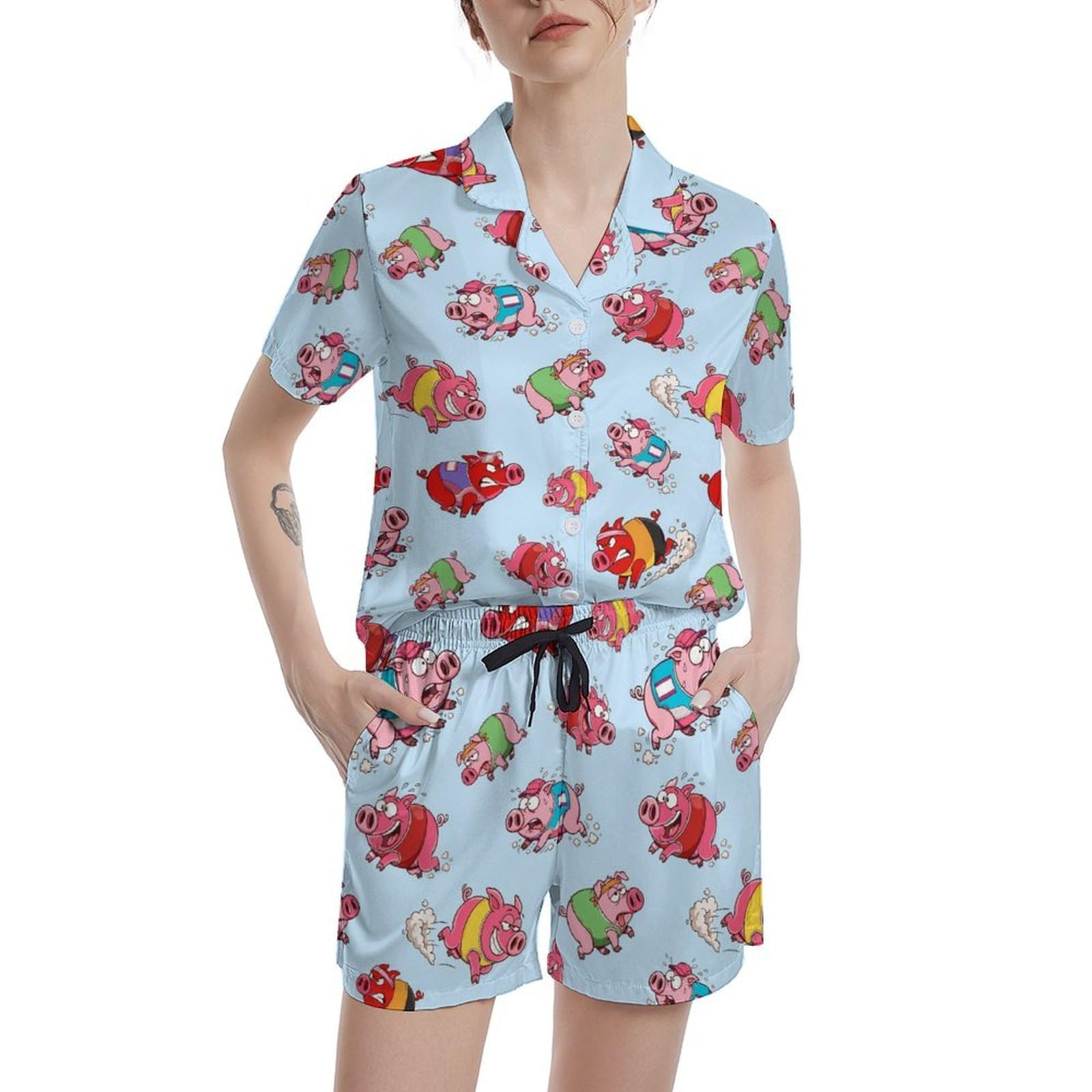 Funny Pajamas for Women Set Print Satin Loungewear Pjs Short Sleeve Button Down Top and Shorts Sets Sleepwear XS-3XL