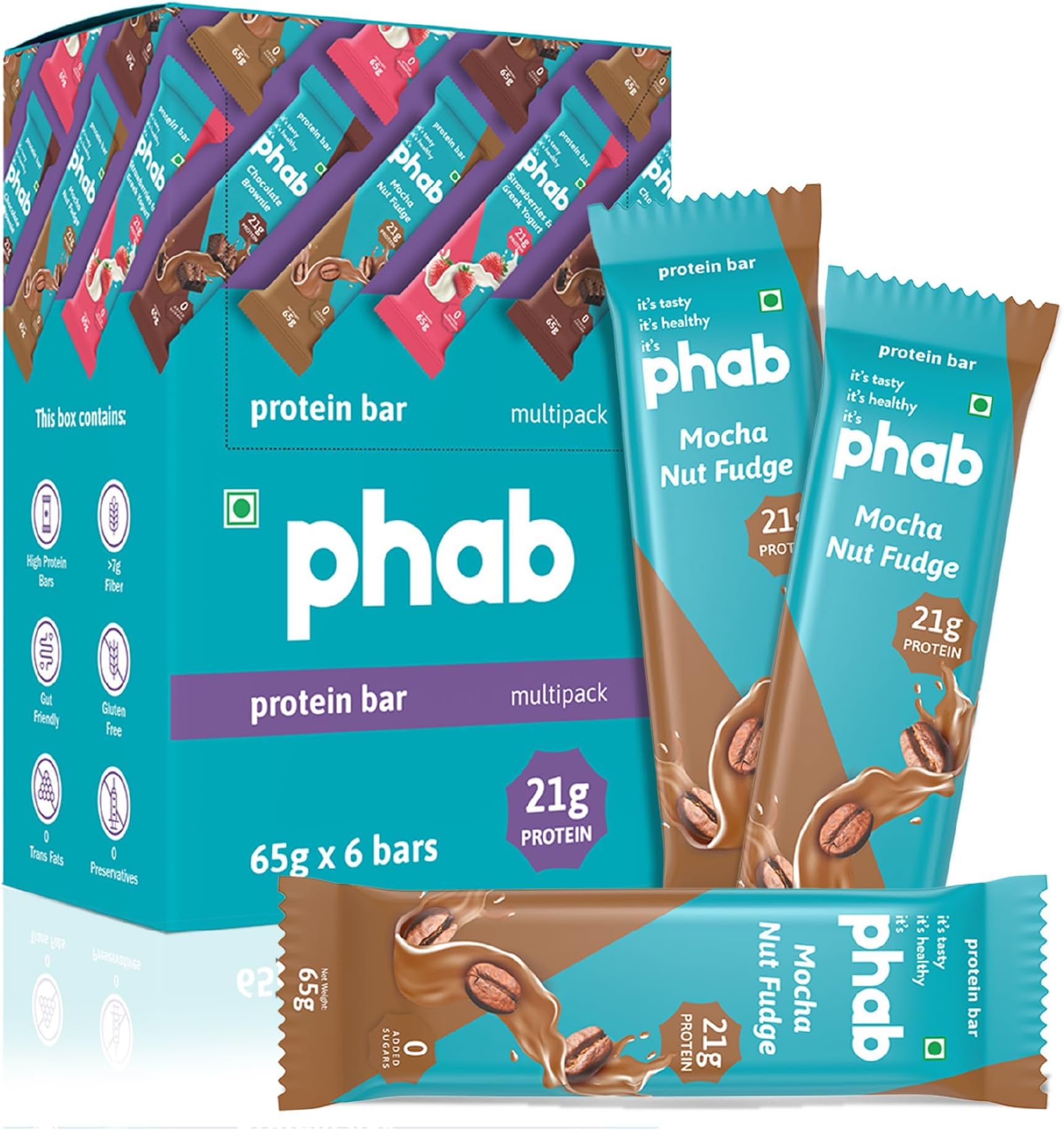Phab 21G Mocha Nut Fudge Protein Bar | 8G High Fiber | Pea & Whey Protein Isolate, No Preservatives, 100% Veg Protein Bar| Gluten-Free Protein Bars For Fitness, Energy & Immunity (Pack of 6)