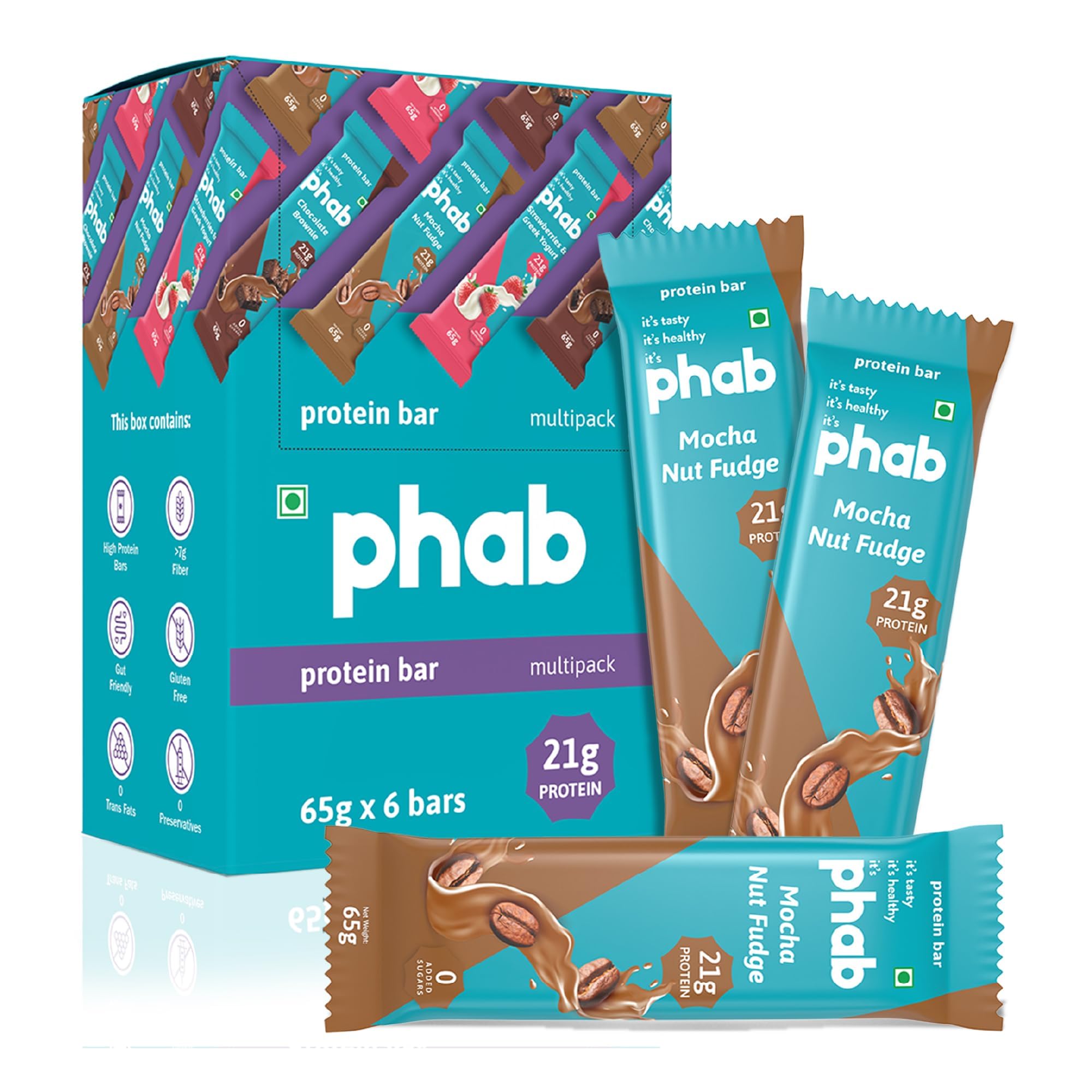 21G Mocha Nut Fudge Protein Bar | 8G High Fiber | Pea & Whey Protein Isolate, No Preservatives, Diabetic Friendly 100% Veg Protein Bar| Gluten-Free Protein Bars For Fitness, Energy & Immunity (Pack of 6)