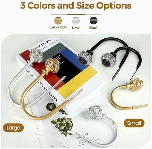 Miniatura 5 de Paquete de 2 soportes negros para cortinas, alzapaños decorativos para cortinas, ganchos para pared con remates translúcidos (6.1 pulgadas de largo