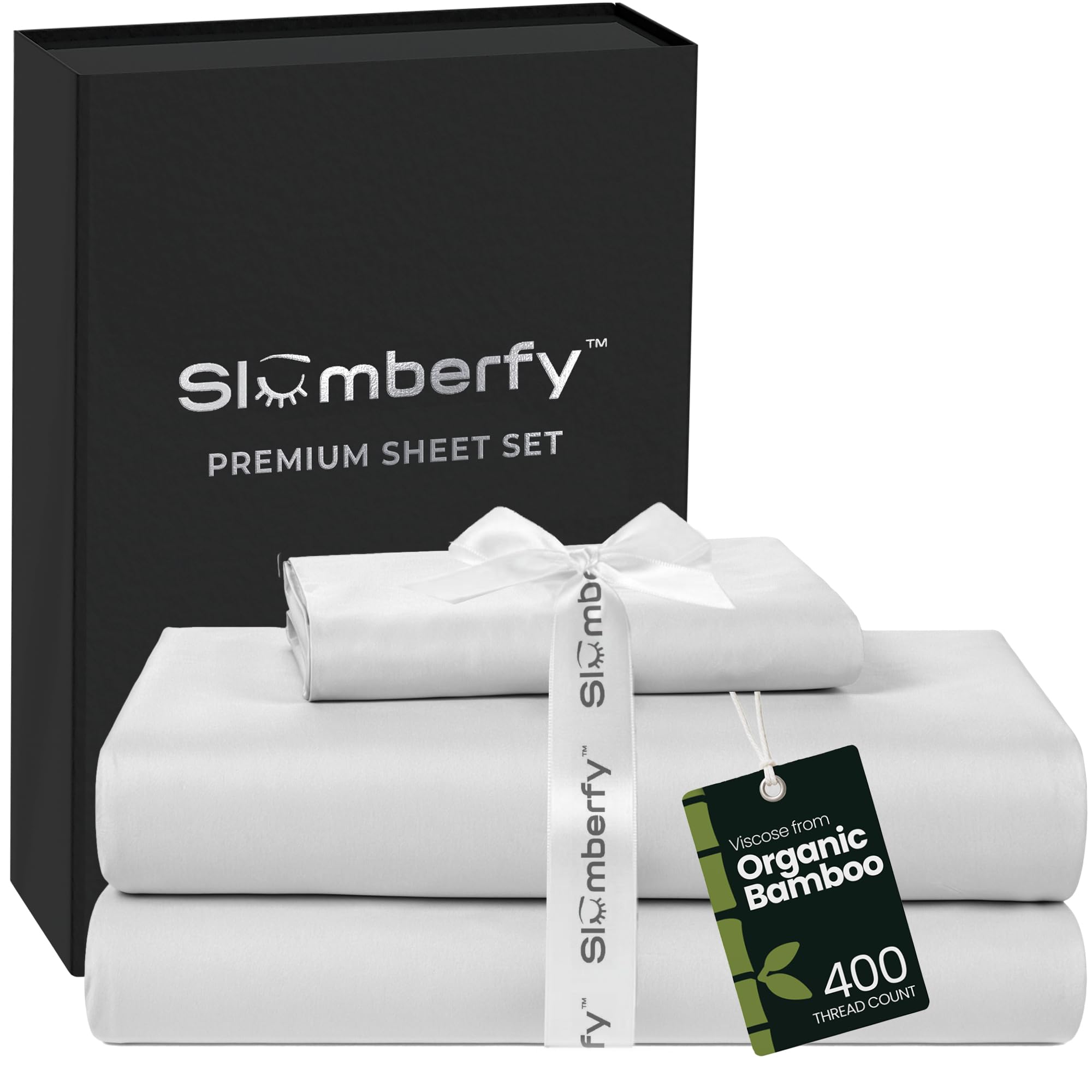 Slumberfy 3-Piece 400 TC Viscose Derived from Bamboo Sheets, Twin XL Size - 1 Fitted, 1 Flat, 1 Pillow Case - Deep Pocket Cooling Viscose-Bamboo Bed Sheets in Magnetic Closure Gift Box, White