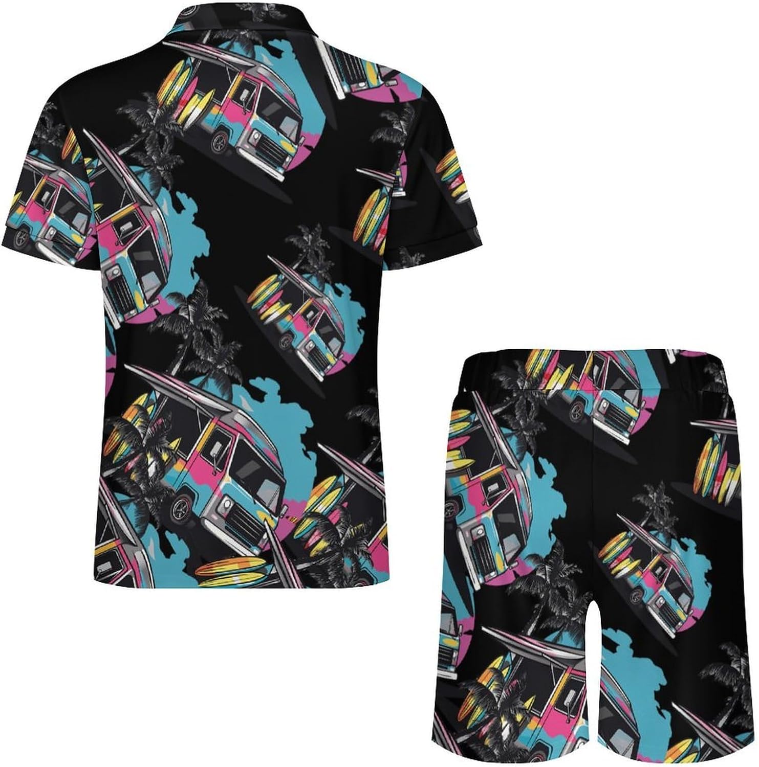 Colorful Truck And Surfboard Mens Polo Shirts Track Suits 2 Piece Short Sleeve Sweatsuit 1/4 Zip Golf Loungewear for Sports