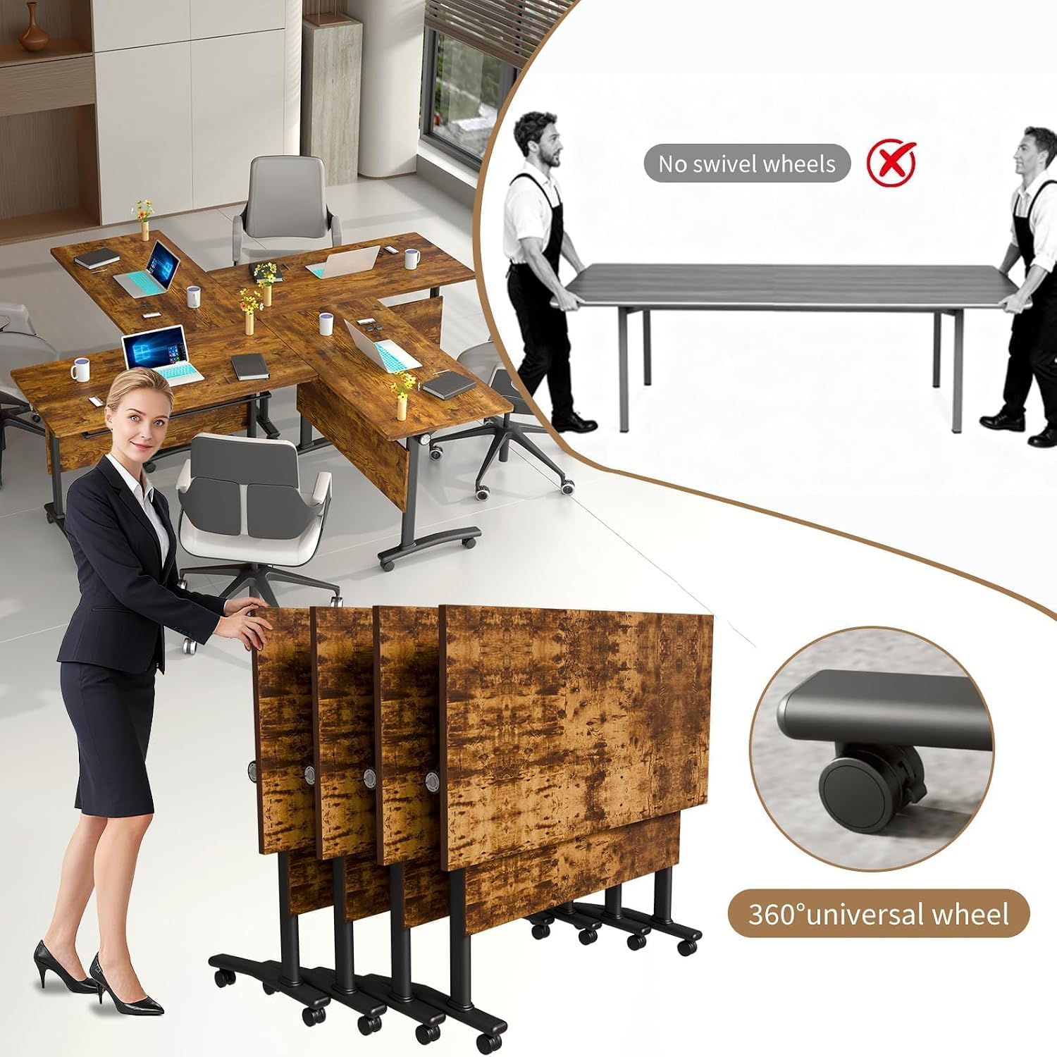Folding Conference Table,Conference Room Table,Flip-Top Mobile Training Meeting Table,Stable Structure,Mobile Tables with Four Locking Wheels for Office Classroom Business (2, B, L55.1in)