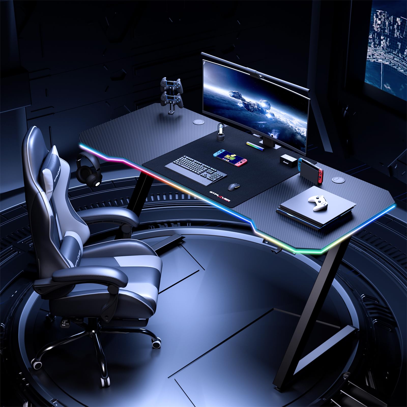 GTPLAYER Tavolo da gioco 120 x 60 cm, con tappetino per mouse, Tavolo da gioco per computer in fibra di carbonio con gancio per casco, nero