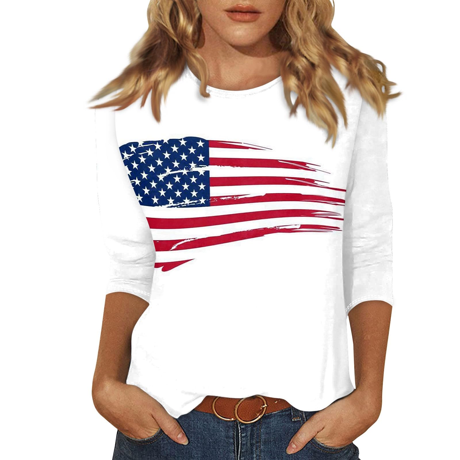 4Th of July Tops for Women Flag American 3/4 Sleeve Summer Shirts 2025 Striped Independence Casual Blouses Crewneck Faith Fashion Three Quarter Length Tunic Tops 3/4 Length Sleeve Womens Tops White