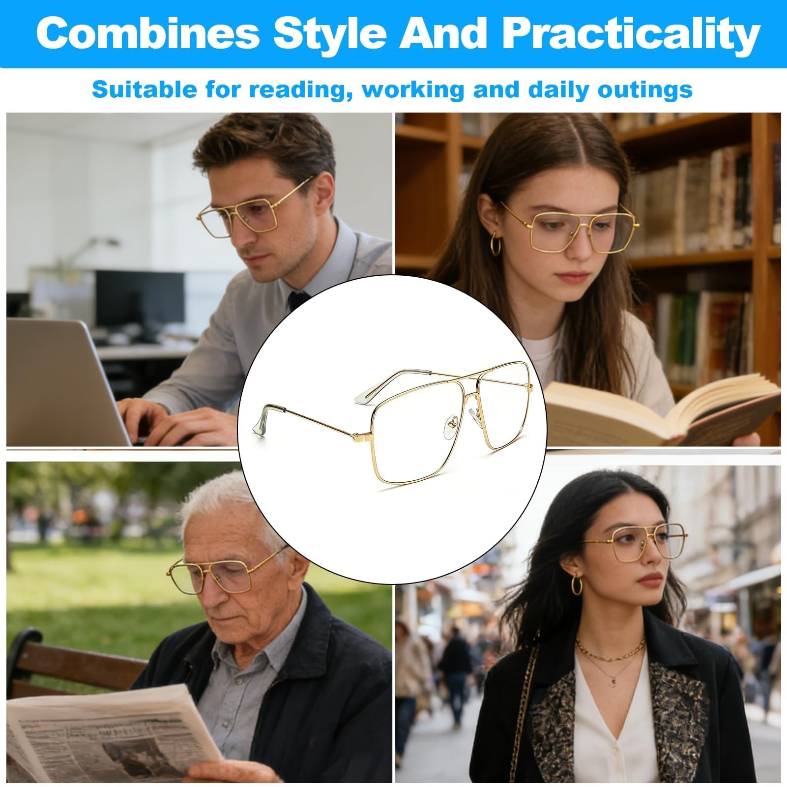 Gafas de Metal Rectángulo para Hombre y Mujer, Montura Metálica Ligera con Bisagras Reforzadas, Lentes Transparentes Sin Graduar, Estilo Clásico Unisex Cómodas para Uso Diario, Trabajo y Ocio — view 6
