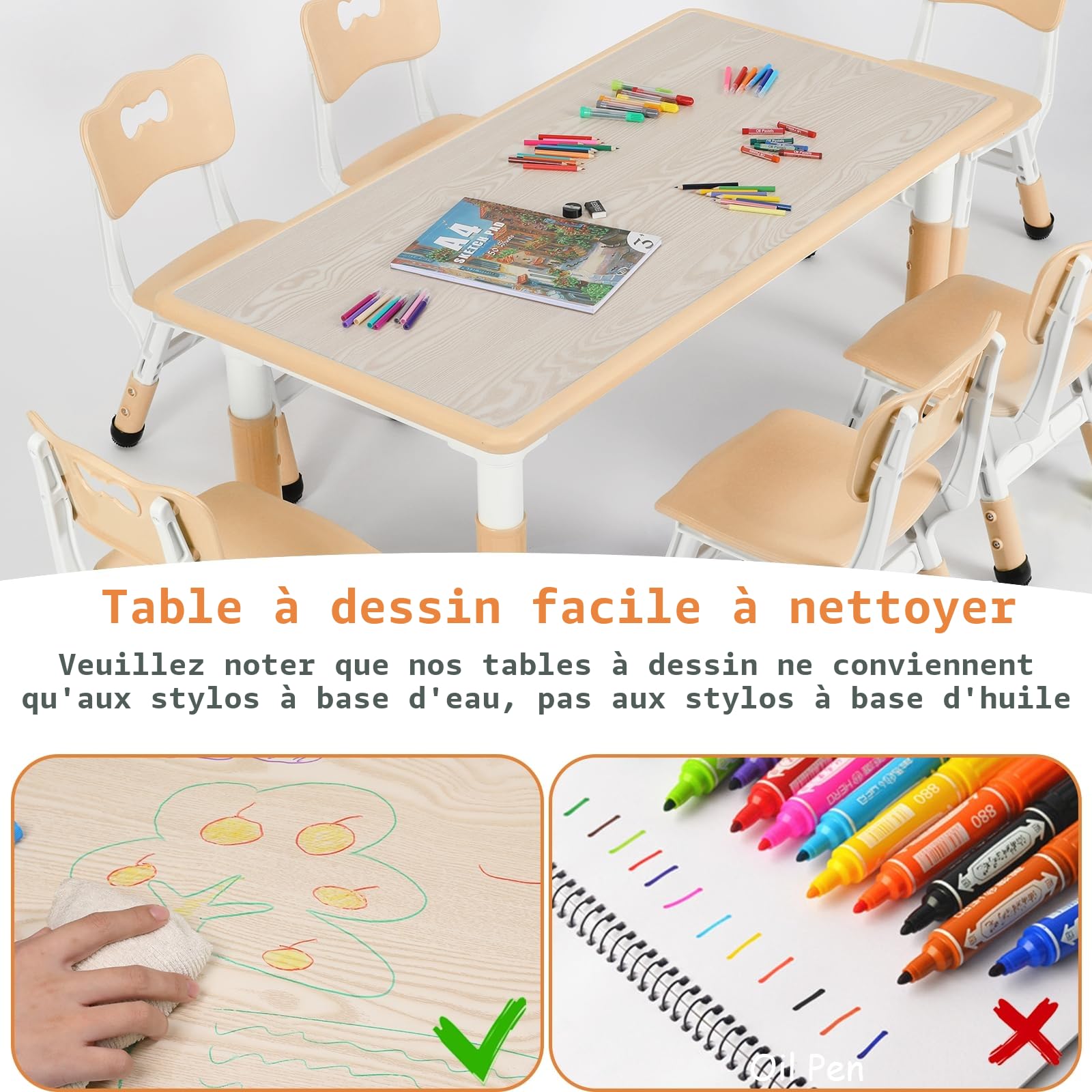 MAMIZO Table pour Enfant avec 6 Chaises, Ensemble de Table pour Enfants réglable en Hauteur, Meubles en Plastique, Table de Peinture pour Garçons et Filles à partir de 2 Ans, Jaune