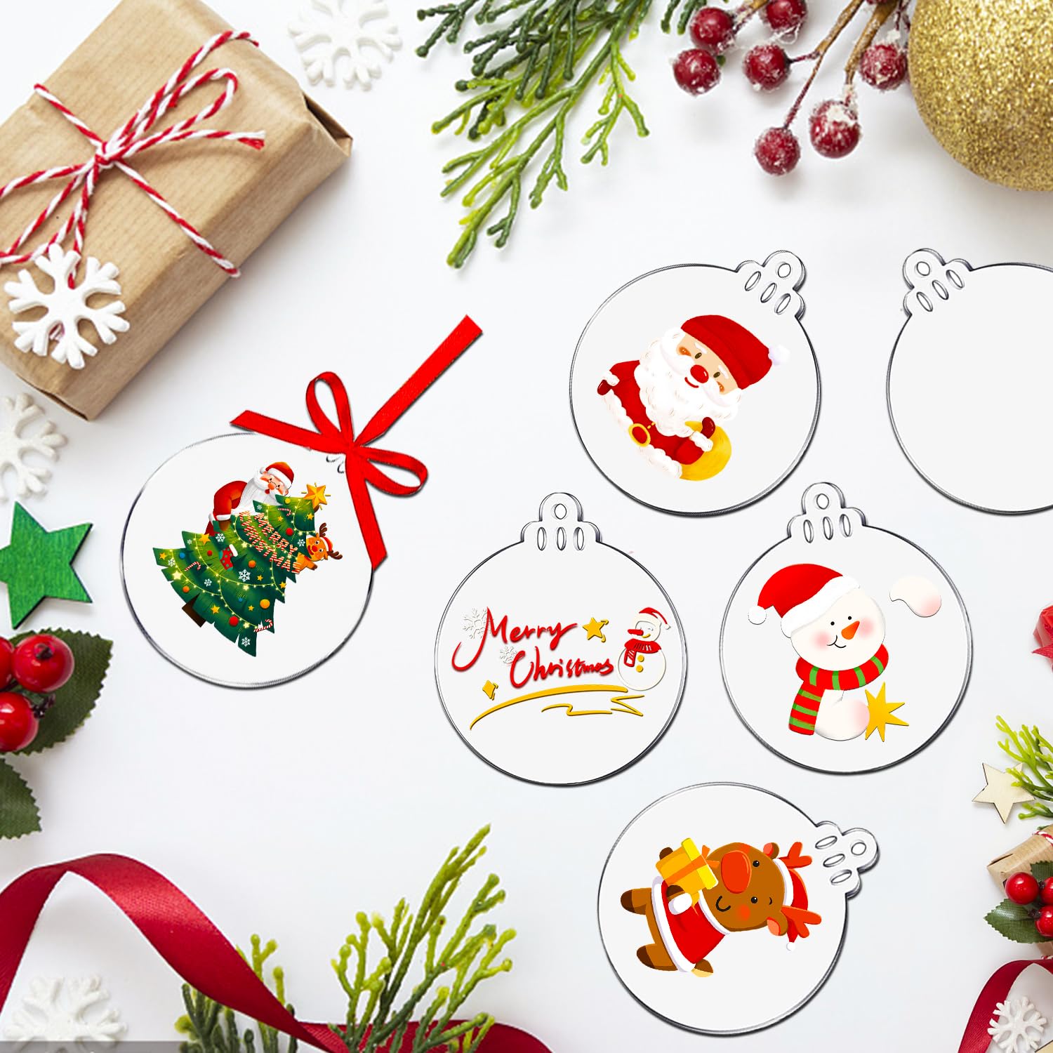 50 Stück Acrylscheibe Weihnachtskugel Acrylscheibe, 10 cm Deko Anhänger Christmas, Acryl Weihnachtskugeln mit Rotem Seil, Durchsichtig Runde Anhänger für Ornaments DIY Kit