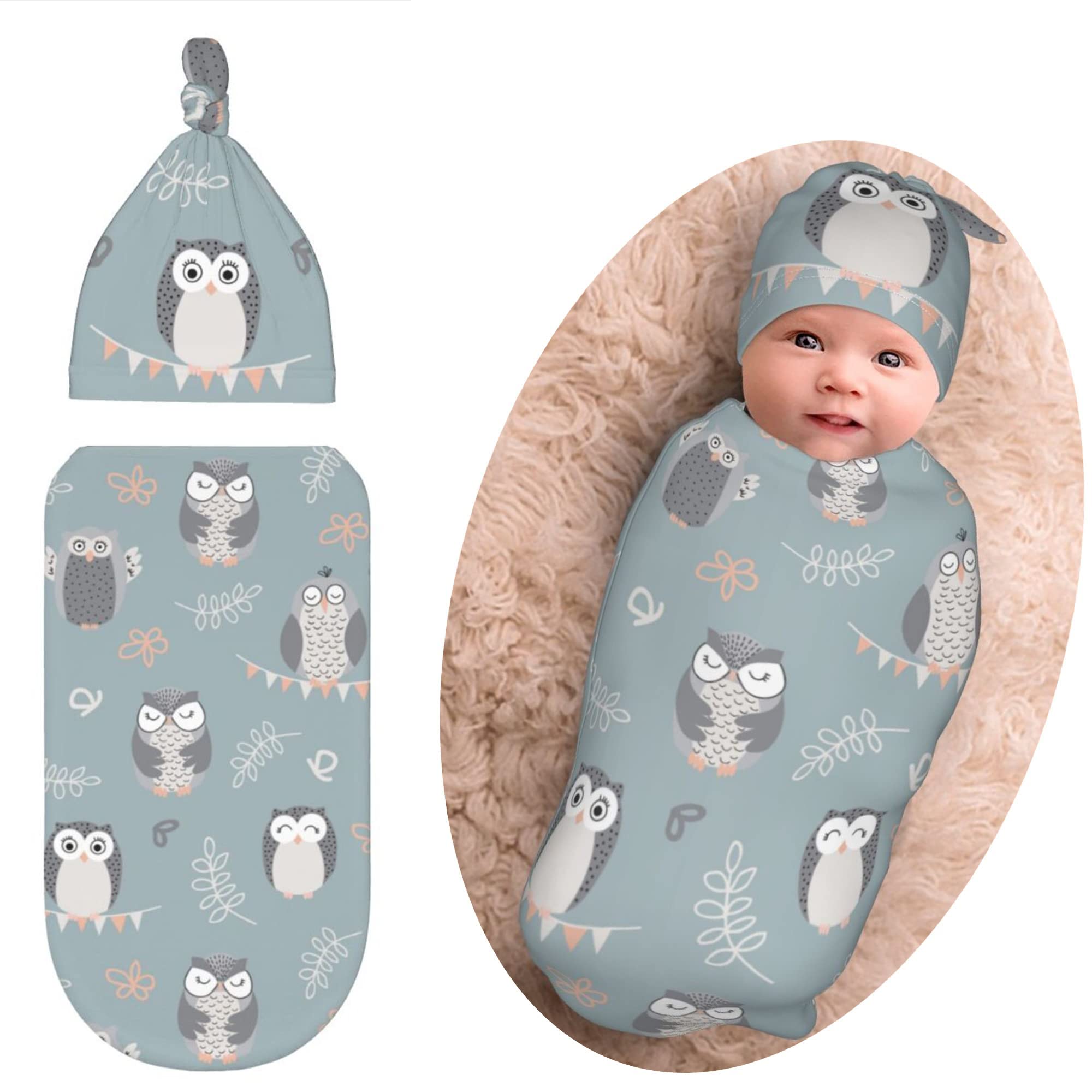 Swaddle Blanket for Baby, Swaddling Sleeping Sacks, Unisex Baby Stuff with Hat, Owl