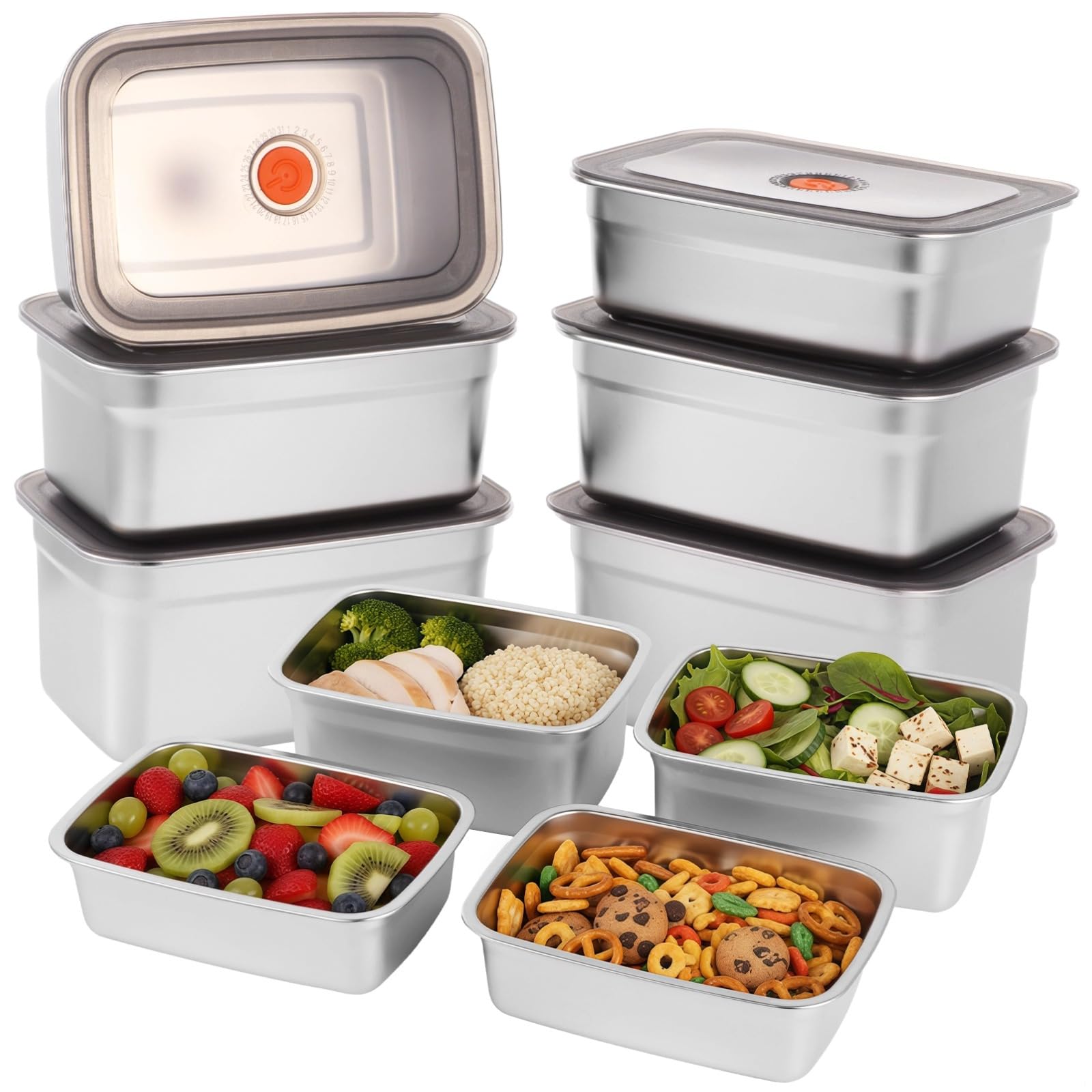 Swewarm Silver 10Pcs 316 Stainless Steel Food Storage Containers With Lids, Stackable Airtight Food Storage Containers For Kitchen, Meal Prep, And Leftovers, Microwave Safe, 1000Ml/1500Ml/1800Ml/2200Ml/2800Ml