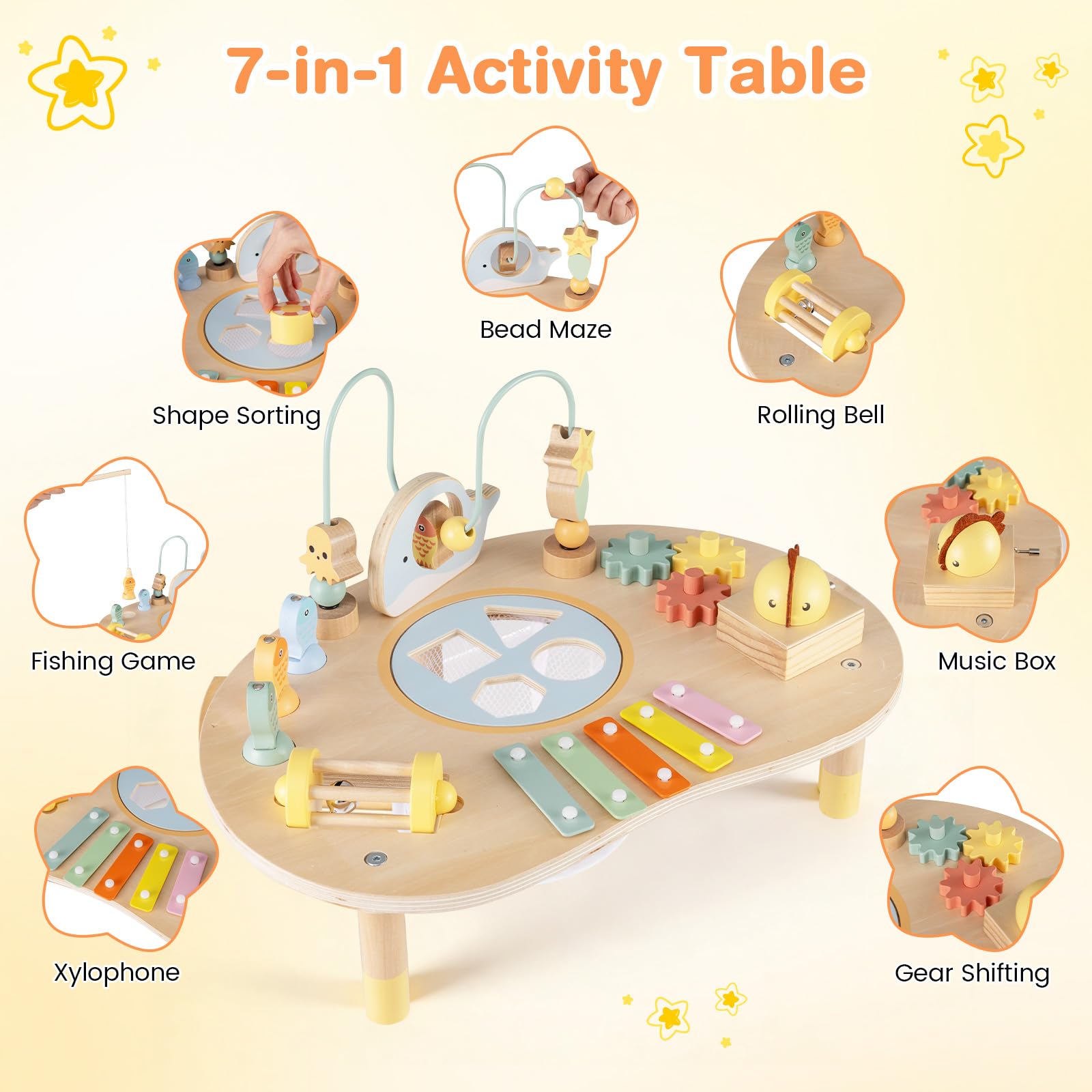 FANTASK Mesa de Actividades de Madera, Mesa de Motor Montessori para niños a Partir de 1 año, Juguete Educativo con bucles Motores, Juego de Pesca, xilófono, Caja de música y clasificador de Formas