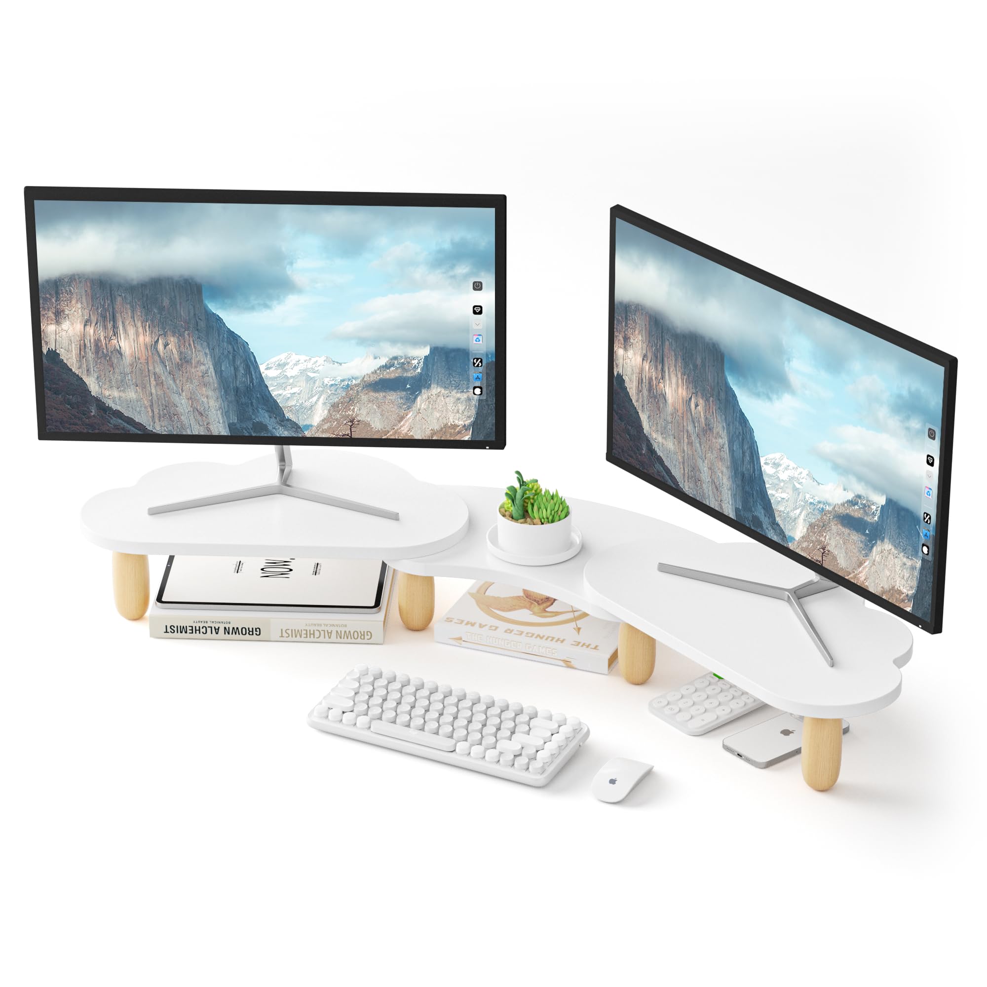 Dual Monitor Stand Riser,Rainbow Cloud Desktop Computer Stand for 2 Monitors,Adjustable Length and Angle Multifunctional Desktop Organizer Stand for Laptop, PC, Computer, Printer,White