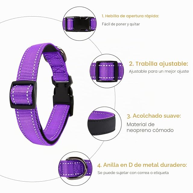 Foto 3 de 7 de HEELE Collar Perro, Collar Nylon Reflectante Neopreno Forrado Ajustable para Perro Mediano, Morado, M