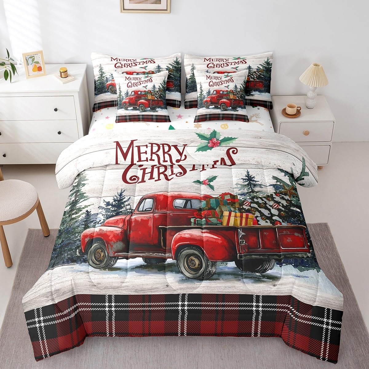 Merry Christmas Bedding Sets 7Pieces,Red Truck Comforter Set Queen Size,Christmas Tree Bed in a Bag,Cartoon Deer Candy Xmas Snowflake Print Fitted & Flat Sheet,2 Pillowcases,2 Pillow Covers