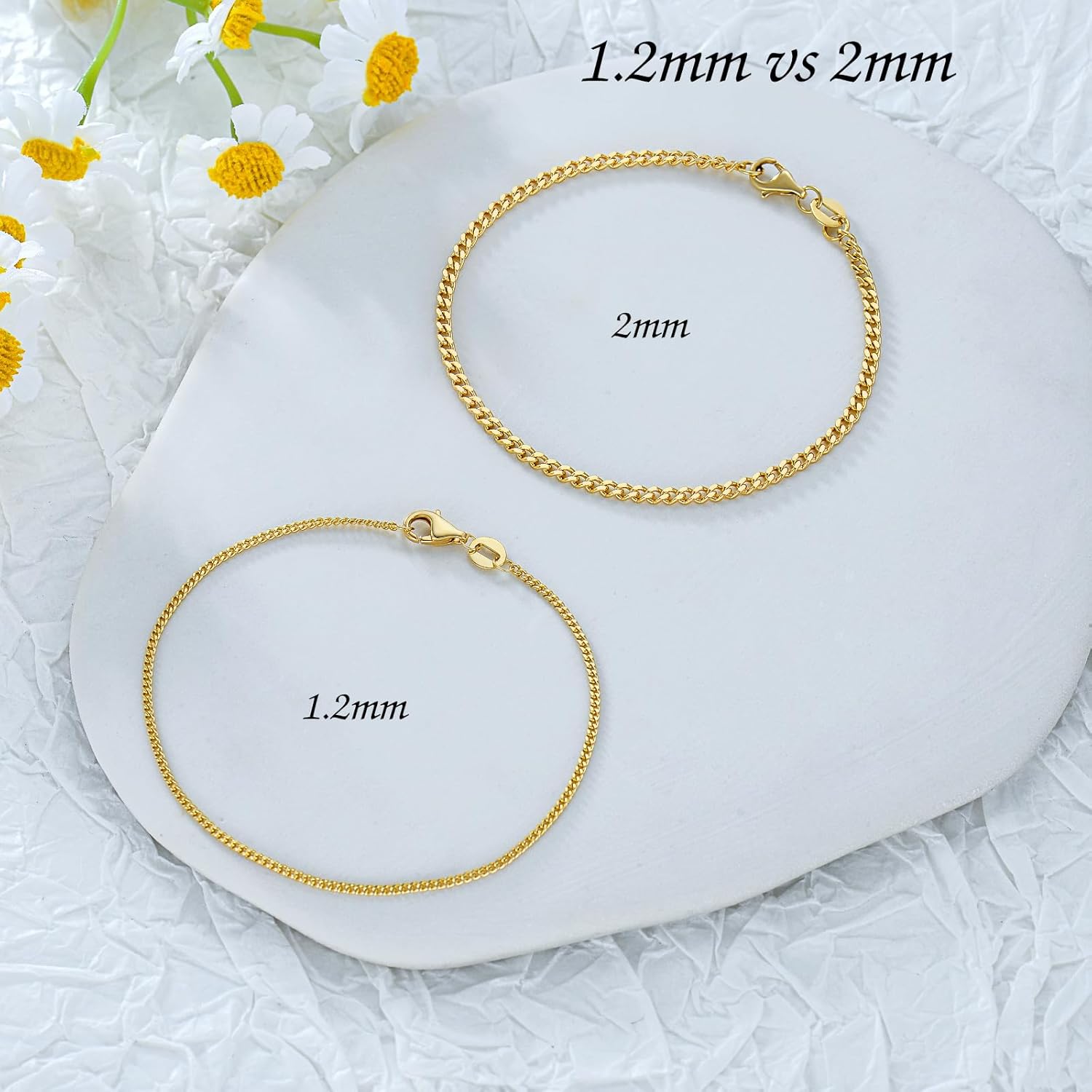 14K Yellow Gold 6-13 Inch 1.2mm-3.2mm Chain Bracelet Anklet for Women, Cuban Link Curb/Rope/Paper Clip/Round Snake/Herringbone/Bead/Water Wave, Thin Gold Chain Bracelet Durable Strong Real 14k Gold Chain Bracelet Anklet