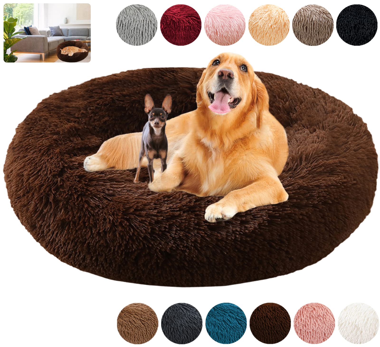 KZhanmy Washable Calming Dog Bed Fluffy Plush,Comfy Round Donut Cat Bed 50 60 70 80 100 120cm Pet Bed,Warming Anti Anxiety with Removable Cushion — image 1