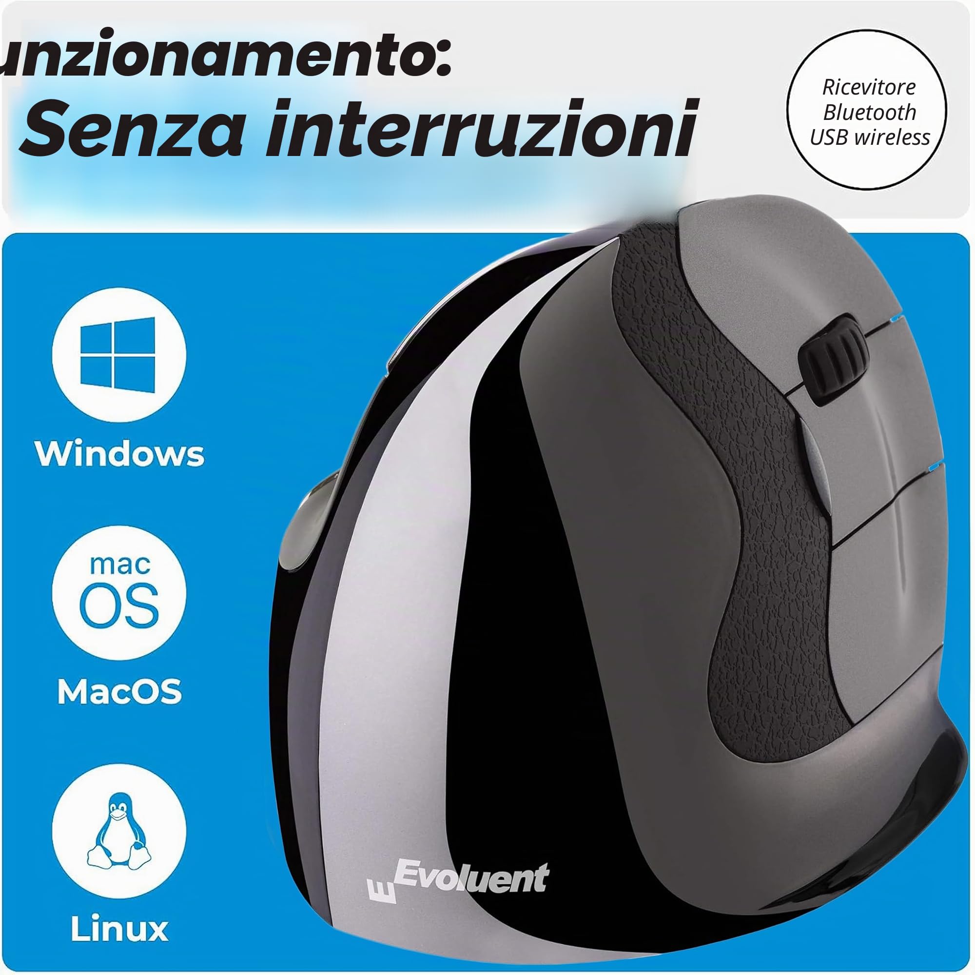 Evoluent Verticalmouse D Large - Mouse Verticale - Ergonomico - Laser - 6 Pulsanti - Wireless - Ricevitore Wireless (usb)