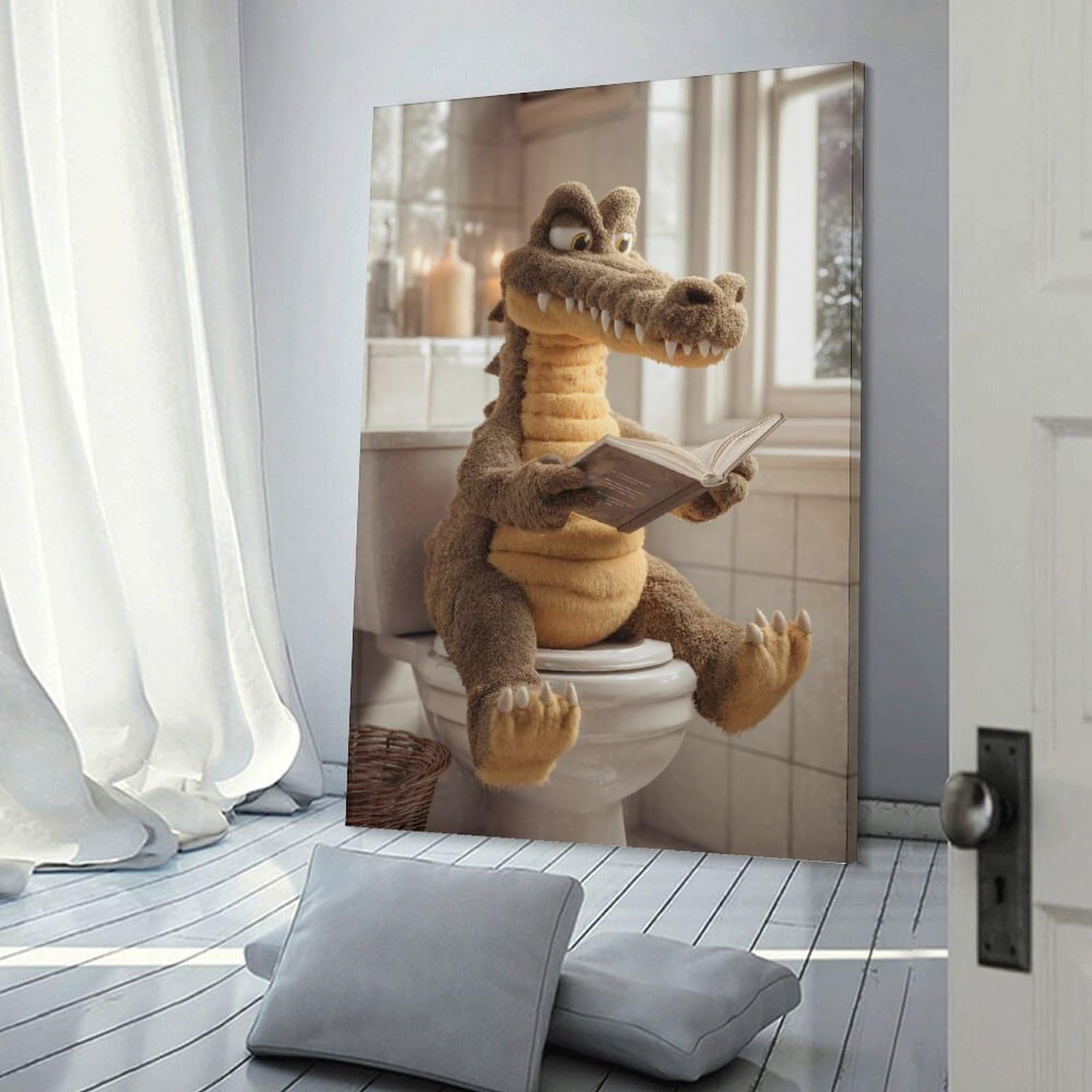 Junmoney Plush Alligator Reading on Toilet Canvas Wall Decor 20x30inch(50x75cm), for Workspace Walls, Study Corners Or Bedrooms, Decorative Artwork for Productive Spaces