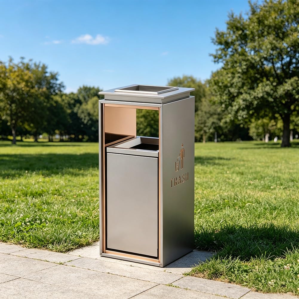 zktoermn Heavy Duty Stainless Steel Garbage Bin, Fingerprint-Resistant, Commercial Outdoor Waste Container for Home, Office, Restaurant Elevator Entrance(Silver-B,33x33x76cm)