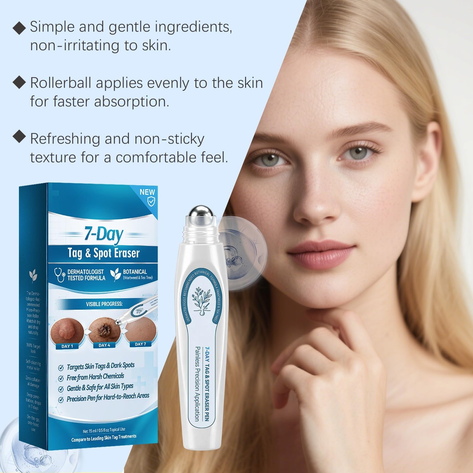 Eraser 7 giorni escrescenze e macchie – Roller gel naturale, uomo/donna. | per la cura della pelle Stimola il rinnovamento della pelle: Formula botanica con olio di tea tree e vitamina E.