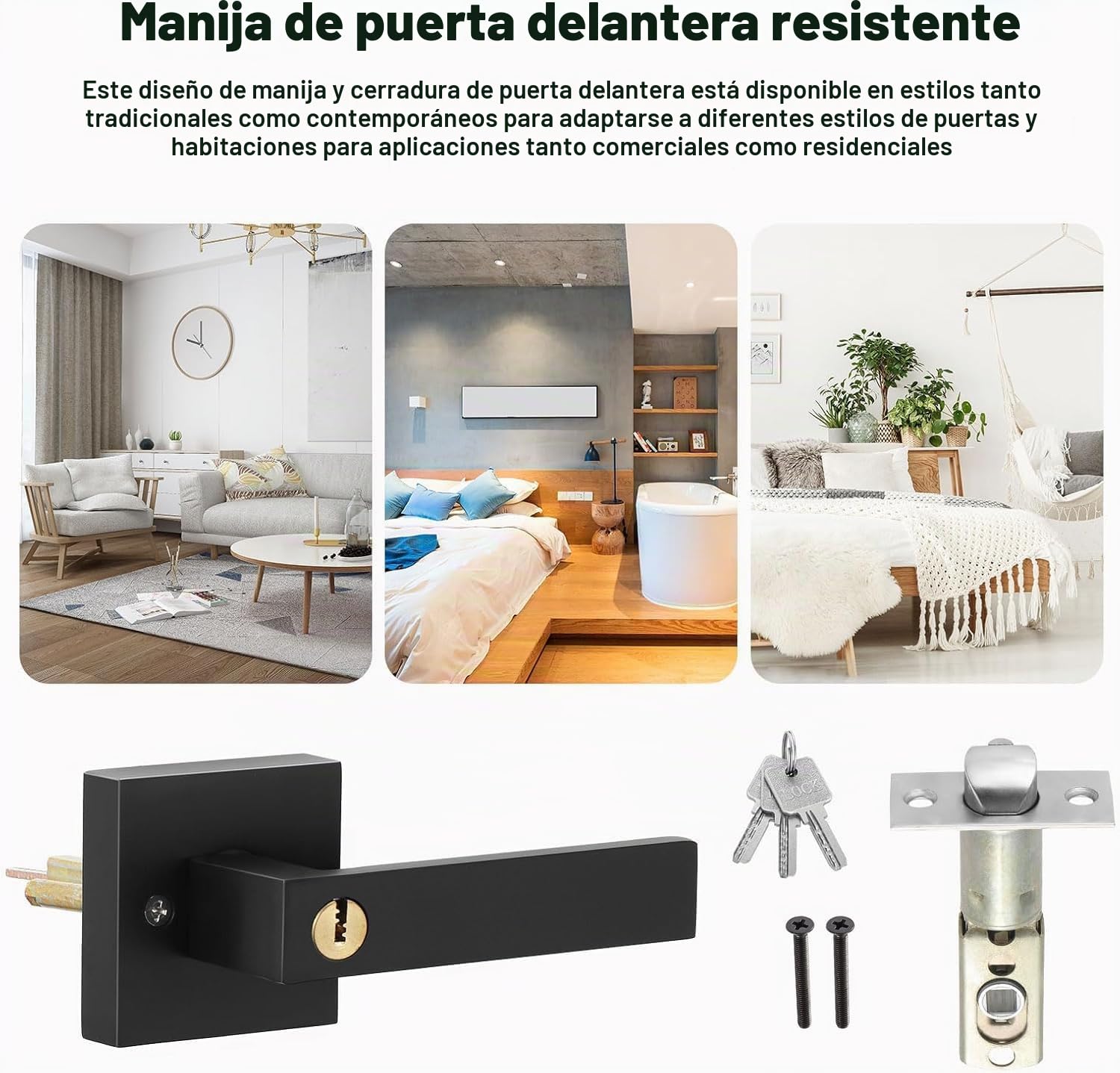HSEAMALL Manija de Puerta Interior Con Cerradura y Llave, Negra, Cuadrada Para Dormitorio, Oficina, Izquierda o Derecha