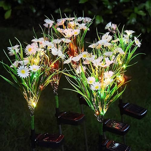 Miniatura 9 de Paquete de 2 luces solares de flores para exteriores, impermeables, 28 LED, diseño de margaritas, luces decorativas en el suelo, 2 modos para