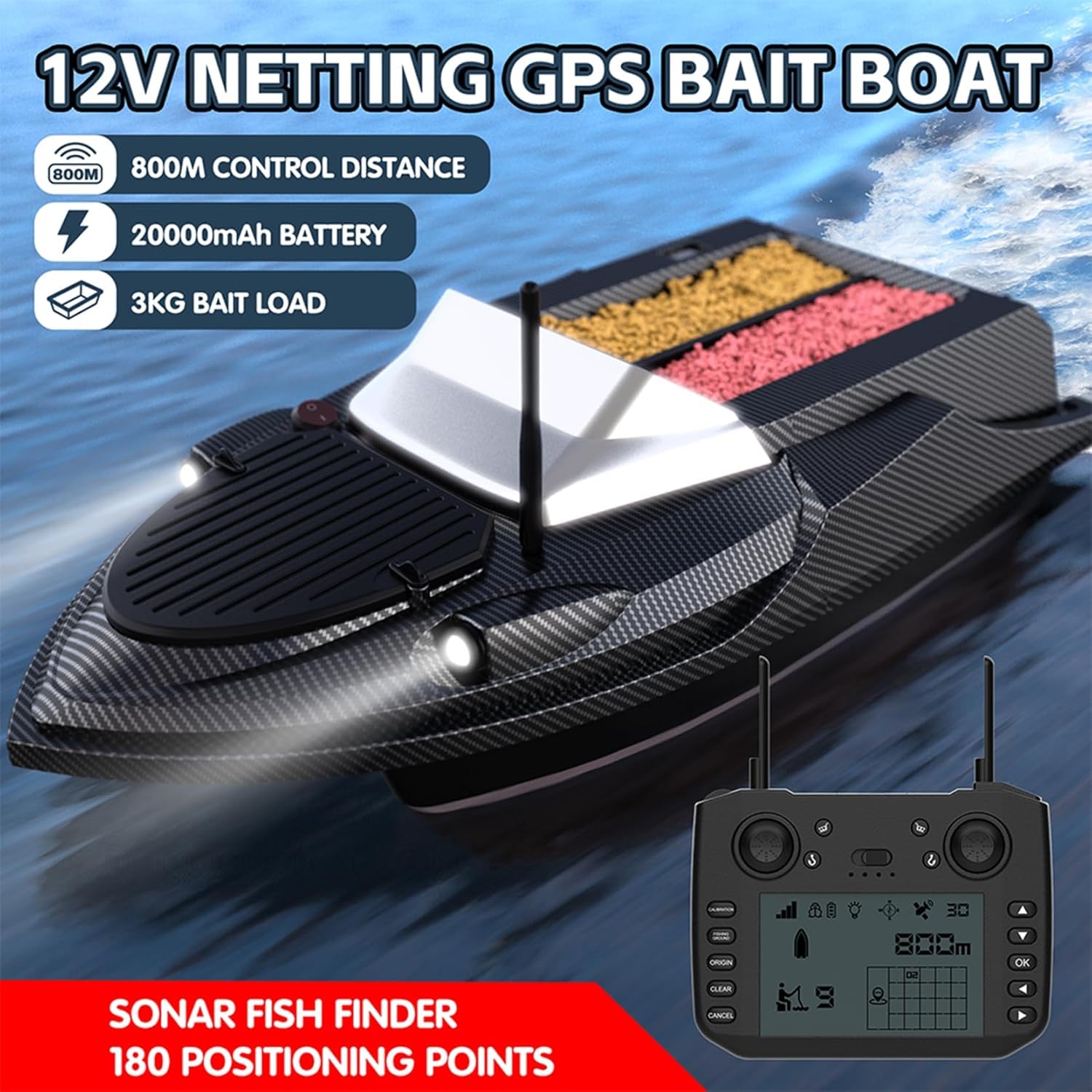 Barco Cebador Inteligente GPS para Pesca, Control Remoto De 800 M, Capacidad De 3 Kg, Doble Motor, Luz Led, Batería De 20000 Mah para Pesca Nocturna, Función De Crucero Basic Version
