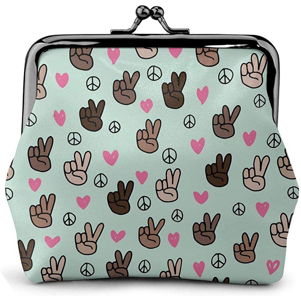 Green Cute Victory Sign V Love Vintage Pouch Girl Kiss-Lock Change Purse Wallets Buckle Leather Coin Purses