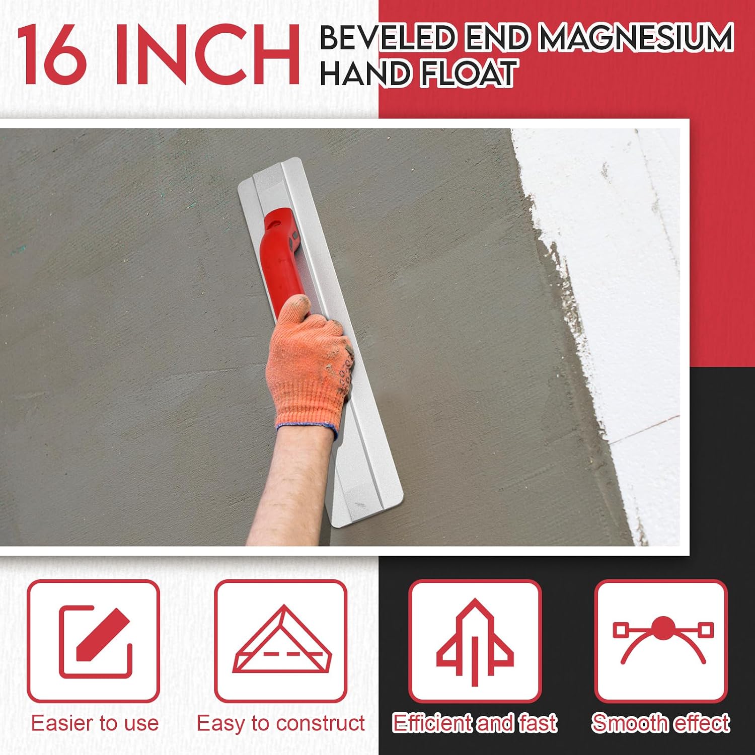 Lasnten 16 Inch Magnesium Hand Float with Soft Red Handle, Beveled End Magnesium Concrete Float, Concrete Finishing Tools for Masonry Paving Surfaces