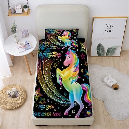 Juego de sábanas bajeras y fundas de almohada tamaño individual de unicornio, paquete de 2, ropa de cama con letras arcoíris mágicas para niños