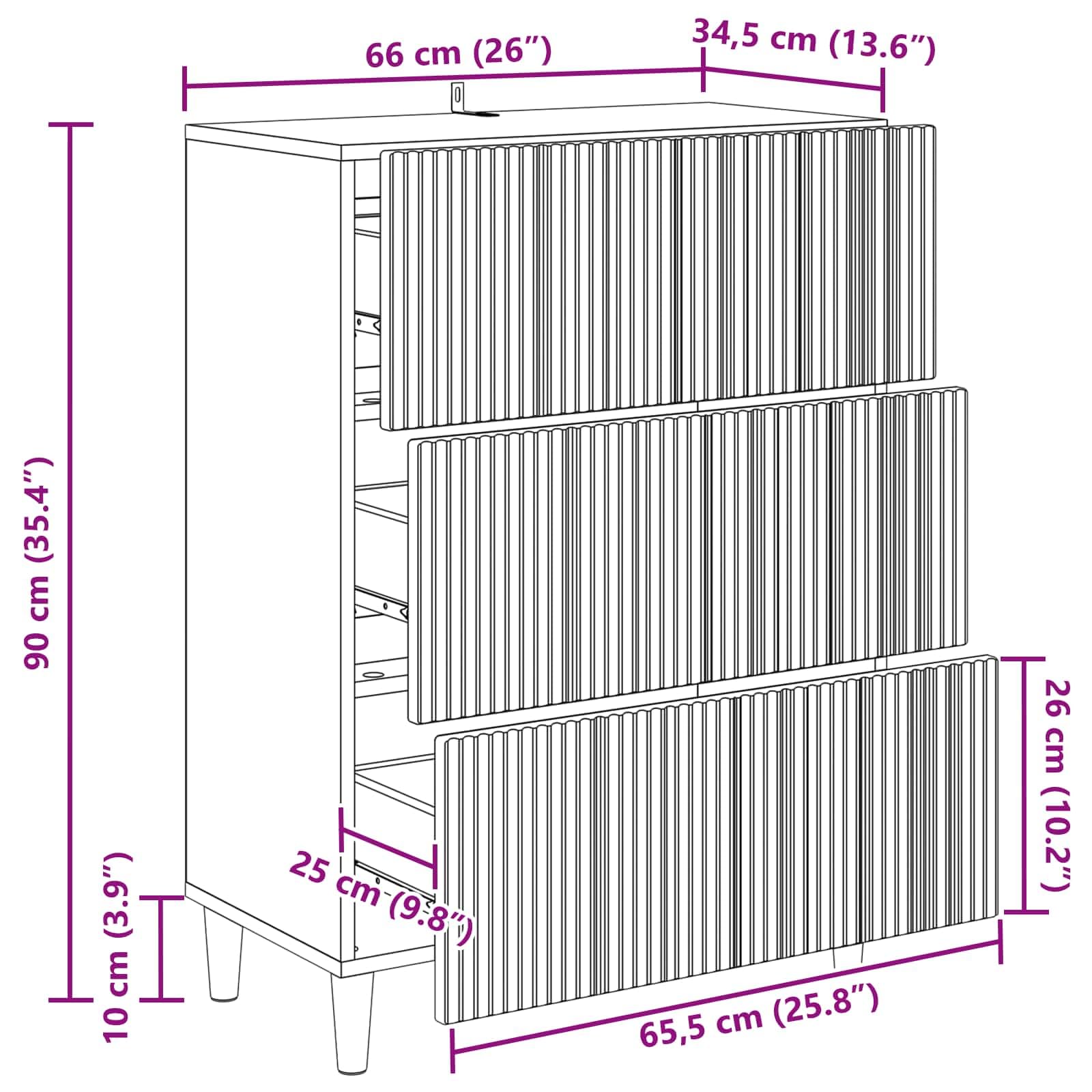 Cassettiera in rovere Artisan, 66 x 34,5 x 90 cm, con 3 cassetti e molto spazio per soggiorno, camera da letto, ufficio, corridoio e cucina