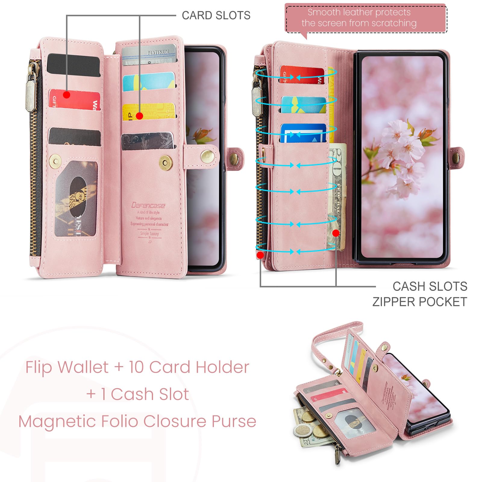 Defencase Funda tipo cartera para Galaxy Z Fold 8 Ultra con tarjetero | Con bolsillo con cremallera RFID, piel sintética suave y duradera, pulsera, fundas con tapa para teléfono con soporte para