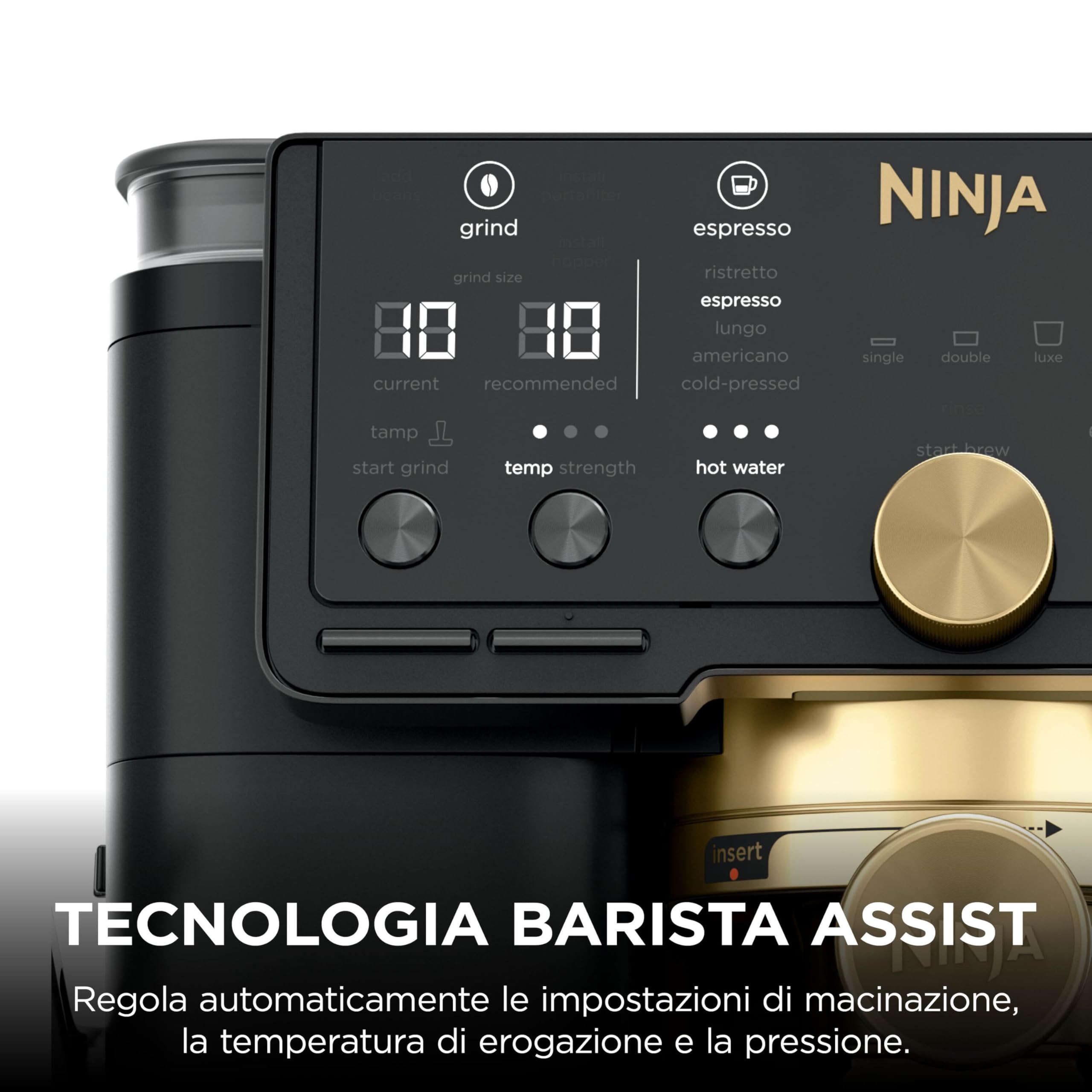 Ninja Luxe Pro Macchina Caffè, Macchina Latte, Cappuccino, Caffè Freddo, Espresso con Macinacaffè Integrato, Montalatte, Facile da usare, 5 Programmi Automatici Schiuma, ES771EUBK