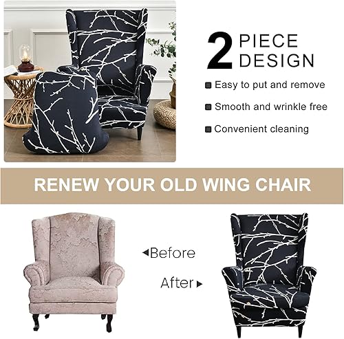 Miniatura 5 de Eco-Ancheng Funda para silla Wingback, 2 piezas, respaldo de ala, fundas de elastano para sillón con respaldo de ala, fundas para sillón con parte