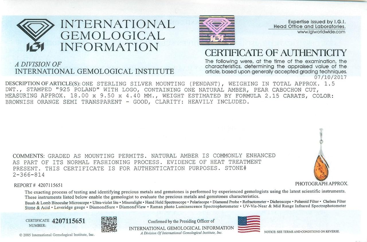 Miniatura 5 de Ian and Valeri Co. Amber Sterling Silver Drop Pendant Necklace 18 inches