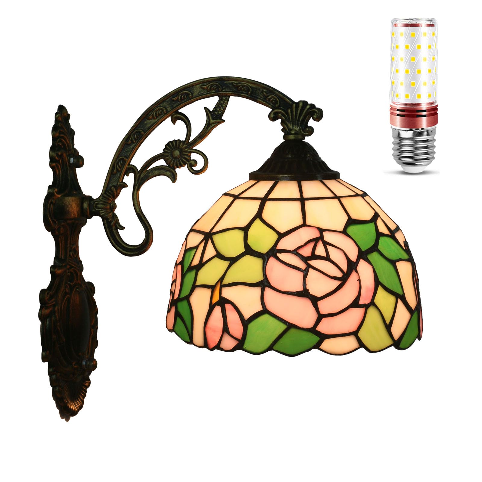 Uziqueif Wall Lights for Living Room, E27 Tiffany Wall Lamps Rose Stained Glass Wall Lights for Bedrooms Lounge Farmhouse Kitchen Lamp, Bedside Light, Reading Lights, Rose A
