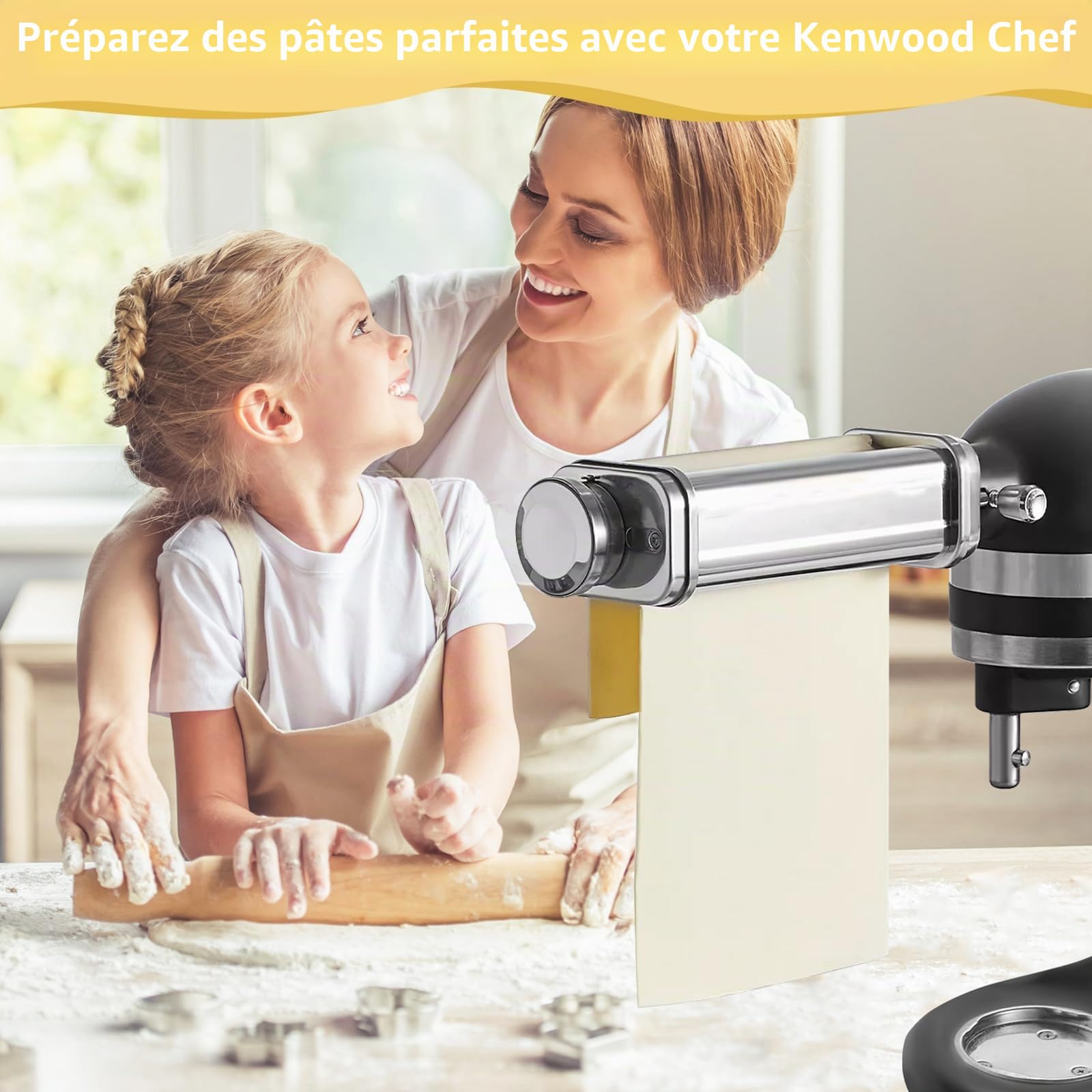 Accessoire Pâtes Inox 304 pour Robot Kenwood, Machine à Pâtes avec Bouton, 8 Épaisseurs Réglables, Laminoir à Pâtes pour Accessoires Kenwood Kmix/Chef, Argent
