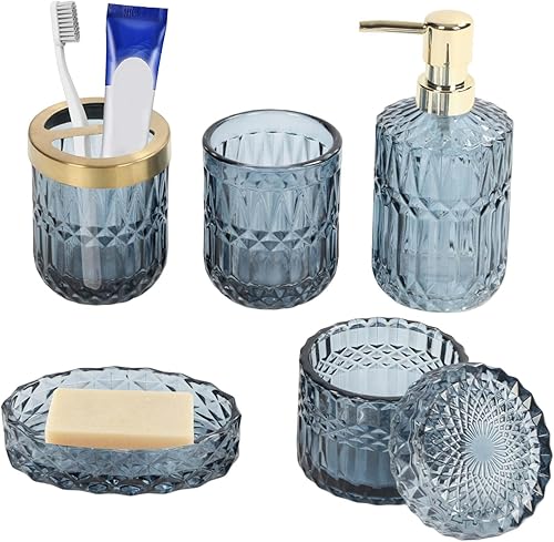 Juego completo de 5 piezas de accesorios de baño azules, soporte para cepillo de dientes, vaso, dispensador de loción, jabonera, tarros de hisopos disponible en Yaxa Peru