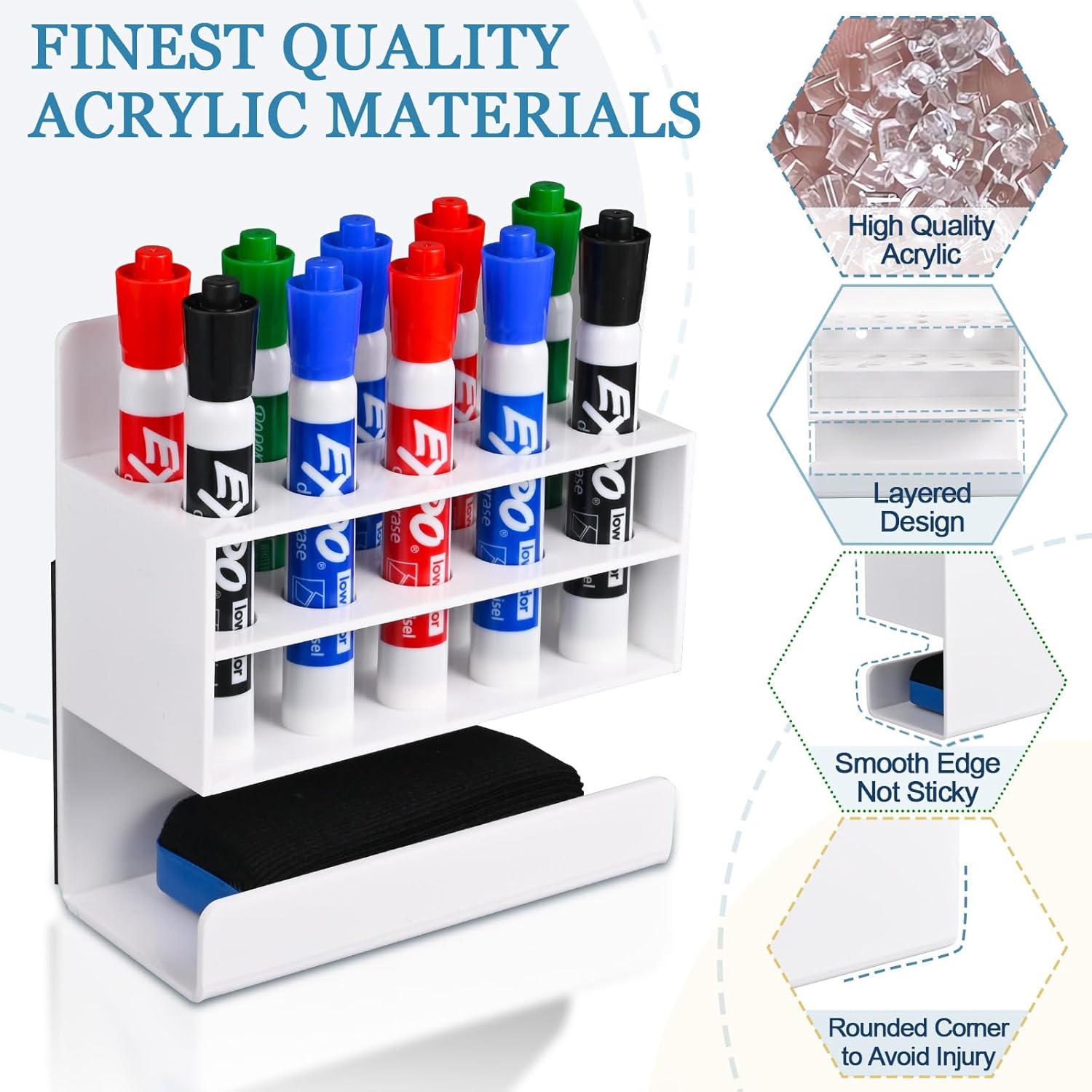 2 Pcs White Dry Erase Marker Holder, 2 Sets Wall Mounted Marker Holder with 10 Slots & Eraser Holder, Acrylic Marker Holder Magnetic for Whiteboard, Office, School, Classroom, Home (2)