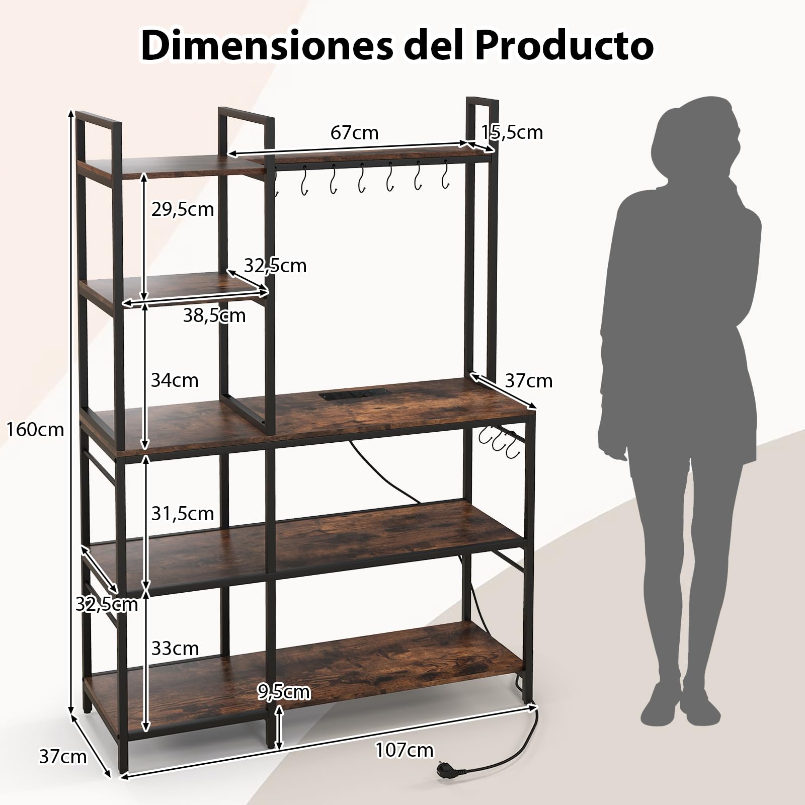 GOPLUS Estantería de Cocina con 5 Estantes y 10 Ganchos, Estante Ahorrador de Espacio para Microondas, Estante Multiusos para Panadería con 6 Patas Regulables, Estilo Industrial, 107 x 37 x 160 cm