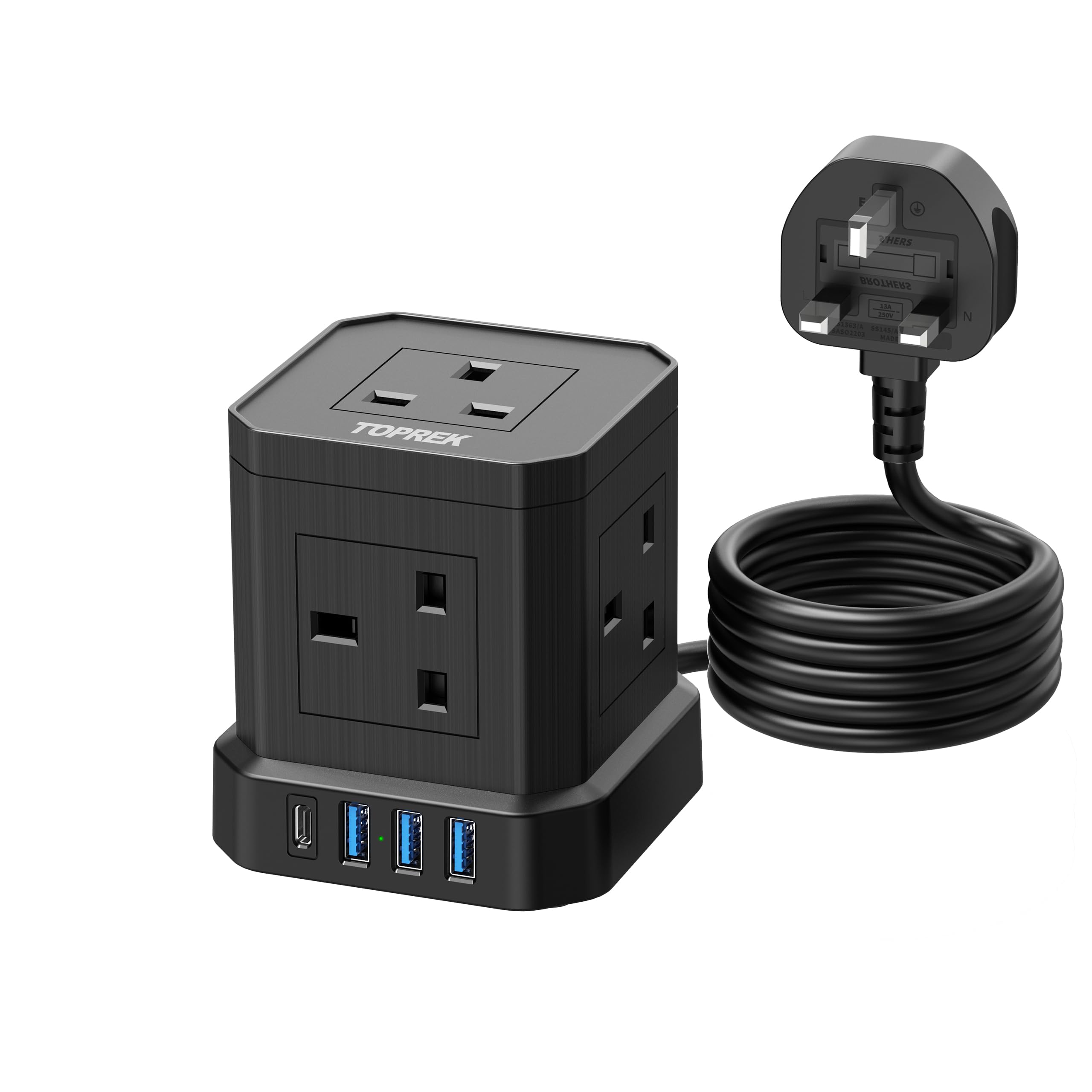 TOPREK 20W Fast Charge Cube Extension Lead, 5 Way extension cable with USB Slot(3 USB-A+1 USB-C), 1 Switch, 13A/3250W, Child Safety UK Desktop for Home Dorm Office Travel(2M)