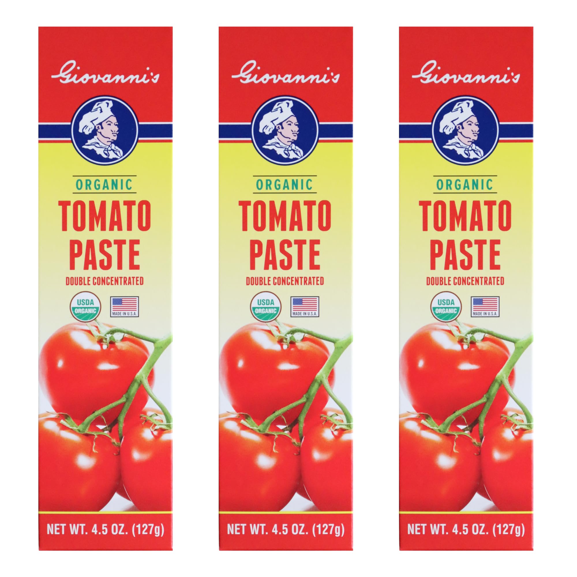 Giovanni’s Organic Double Concentrated Tomato Paste – 3 Pack (4.5 oz Tubes) | Made in the USA with Vine-Ripened California Tomatoes, Non-GMO, No Additives, Rich Flavor