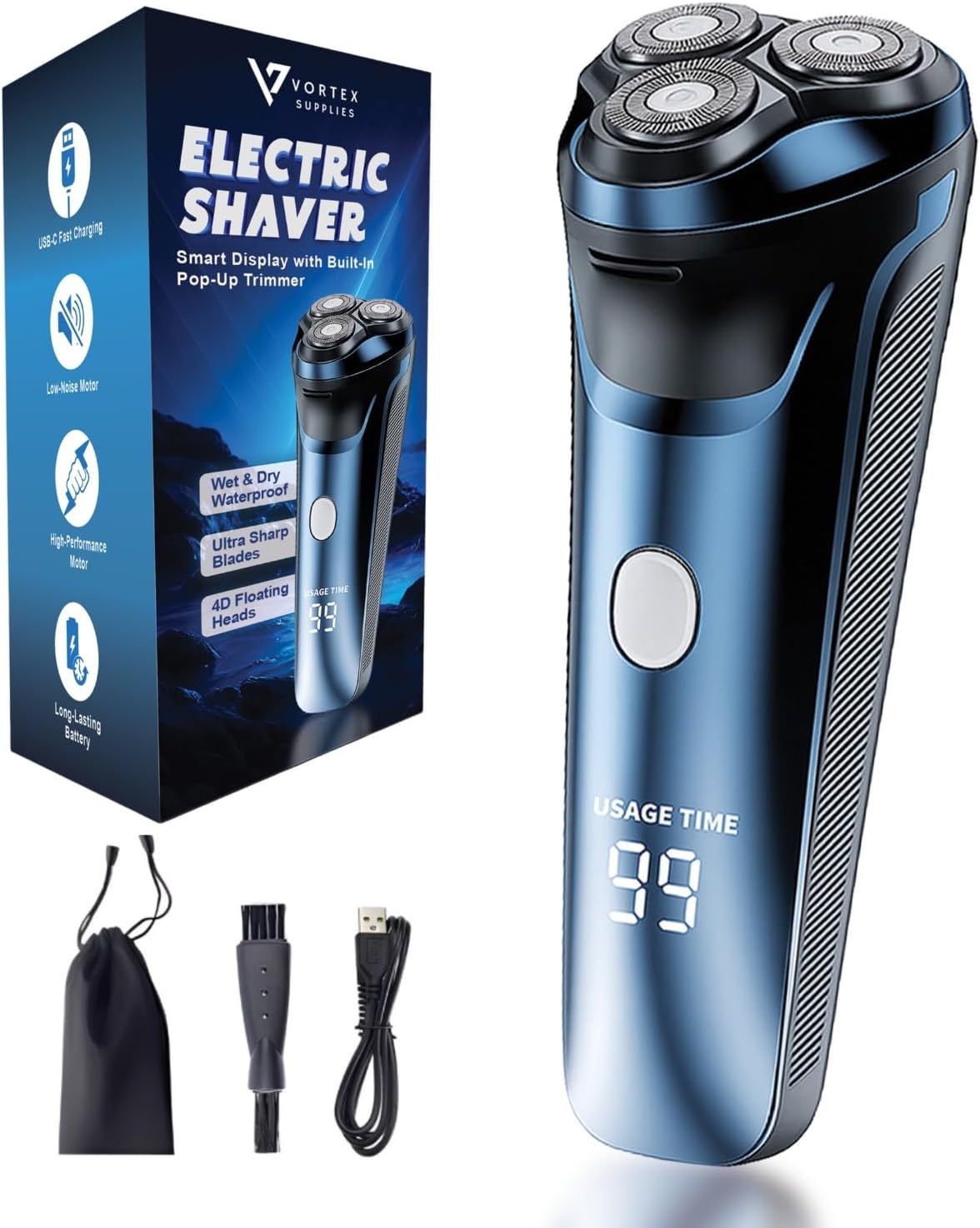 Smart 2-in-1 Electric Rotary Shaver for Men with 4D Floating Heads & Pop-Up Trimmer - USB Rechargeable, Wet & Dry Waterproof Razor with LCD Display (90 Min Runtime)