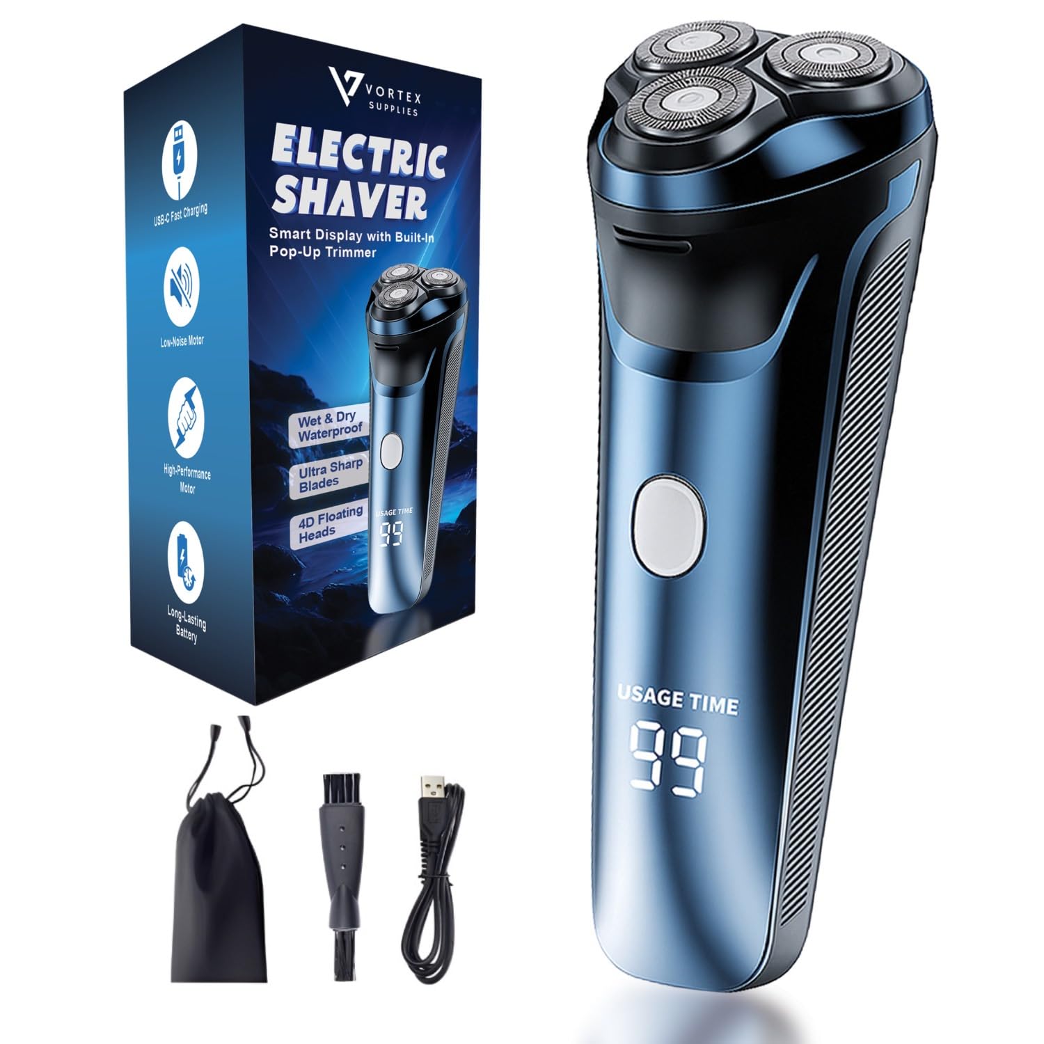 Smart 2-in-1 Electric Rotary Shaver for Men with 4D Floating Heads Pop-Up Trimmer - USB Rechargeable Wet Dry