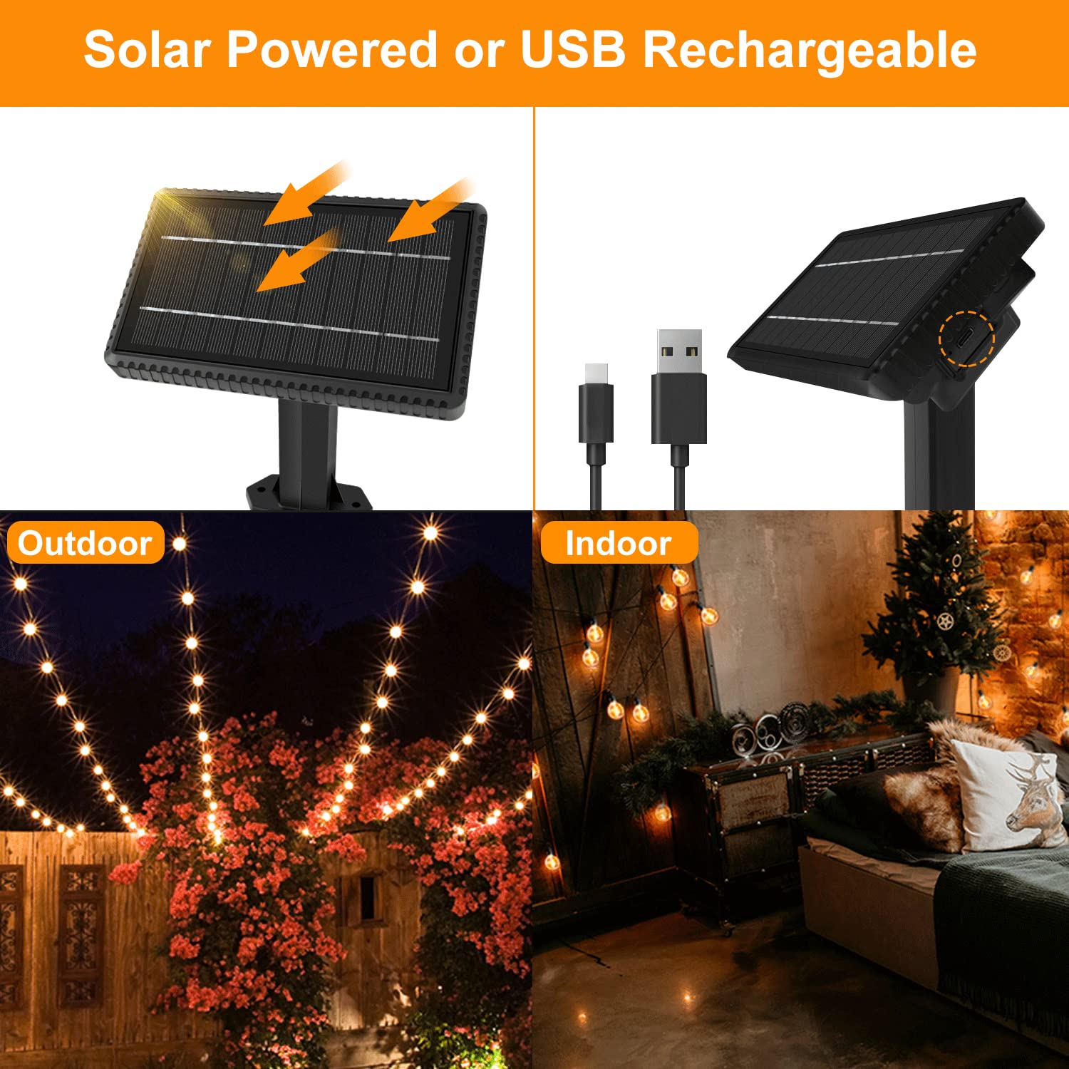 Catena Luminosa Esterno Solare - 15M/50FT Impermeabile Luci Giardino Energia Solari con 25+2 G40 Lampadina, 4 Modalità USB Ricaricabile Luci Stringa per Terrazzo Festa Balcone Matrimonio Cortile