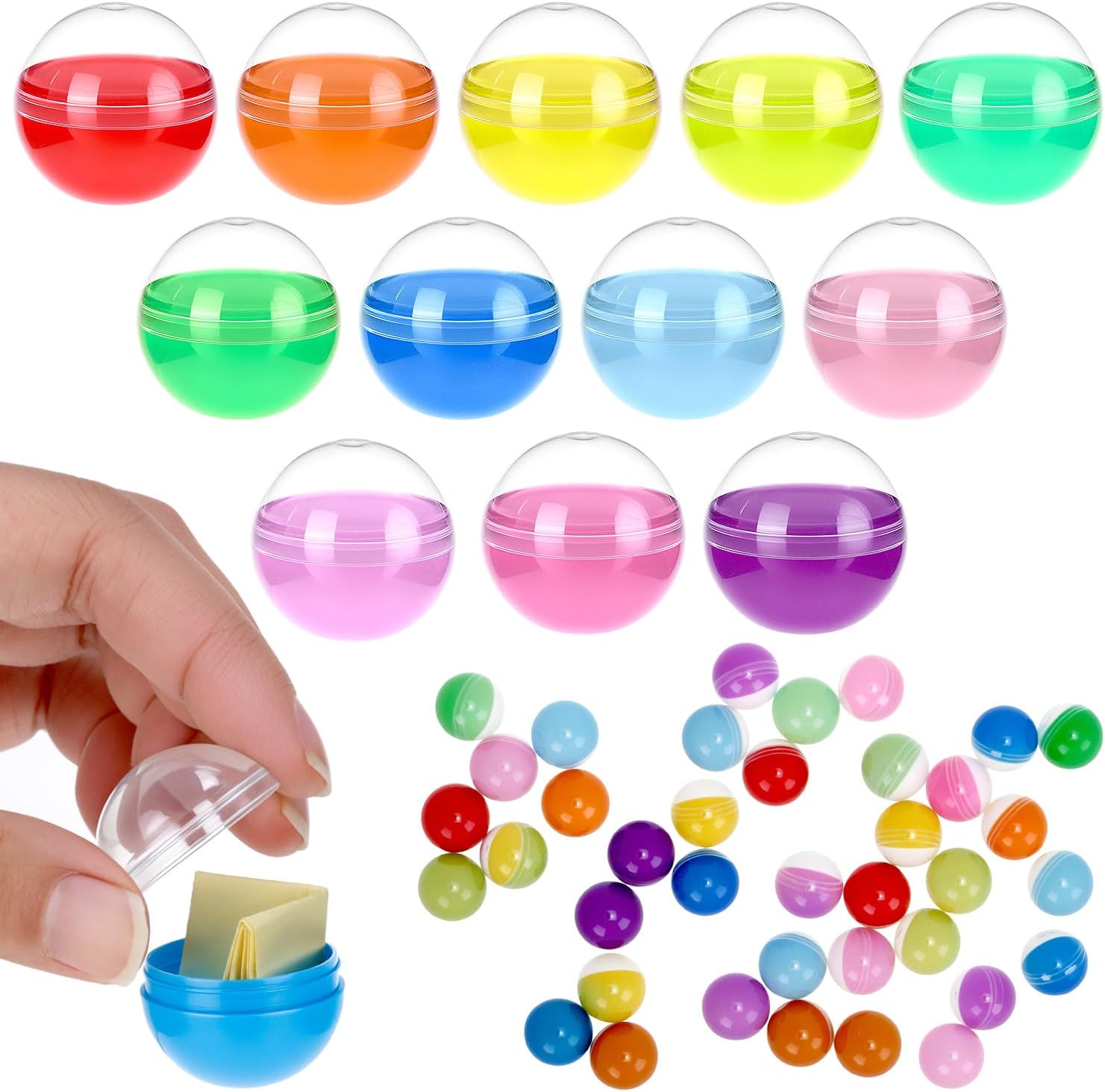 QWORK® 100 Pcs 28mm Round Empty Clear Colored Capsules for Vending and Gumball Machines - DIY Fillable Surprise Balls for Party Favors and Crafts